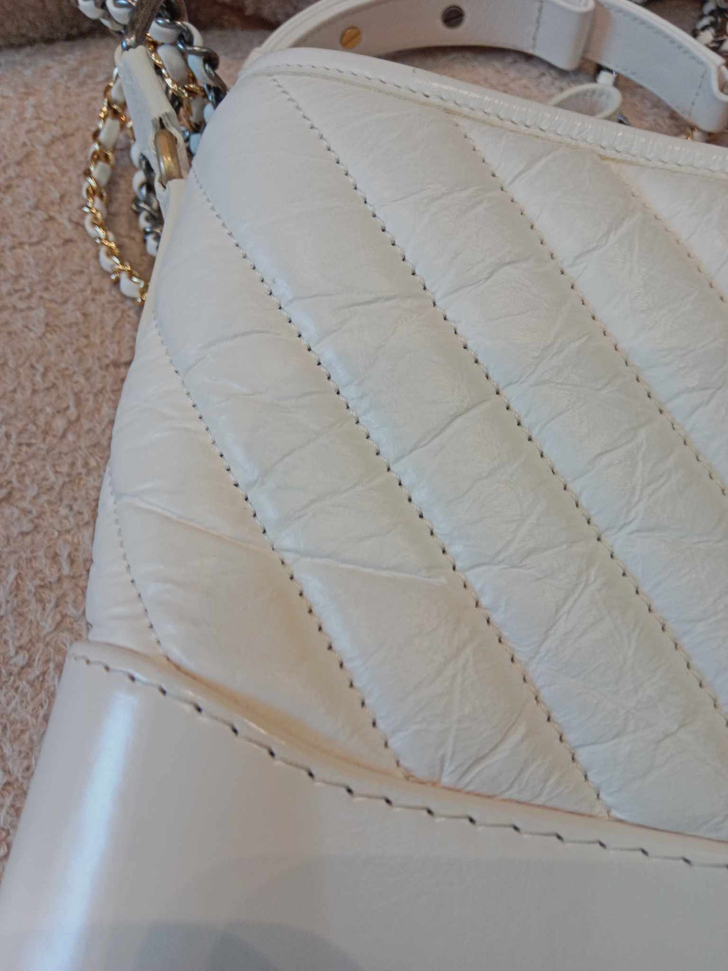 Chanel White Small Chevron Gabrielle Hobo Aged Calfskin Series 29
