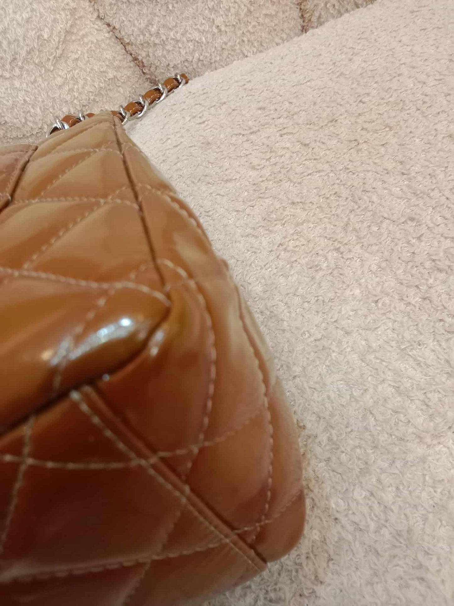 Chanel Quilted Maxi Double Flap Patent Tan Series 15