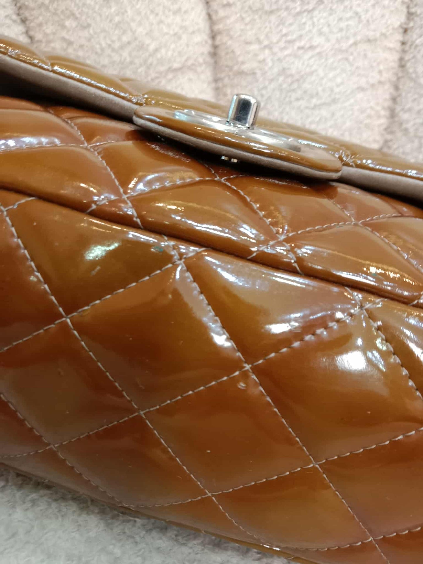 Chanel Quilted Maxi Double Flap Patent Tan Series 15