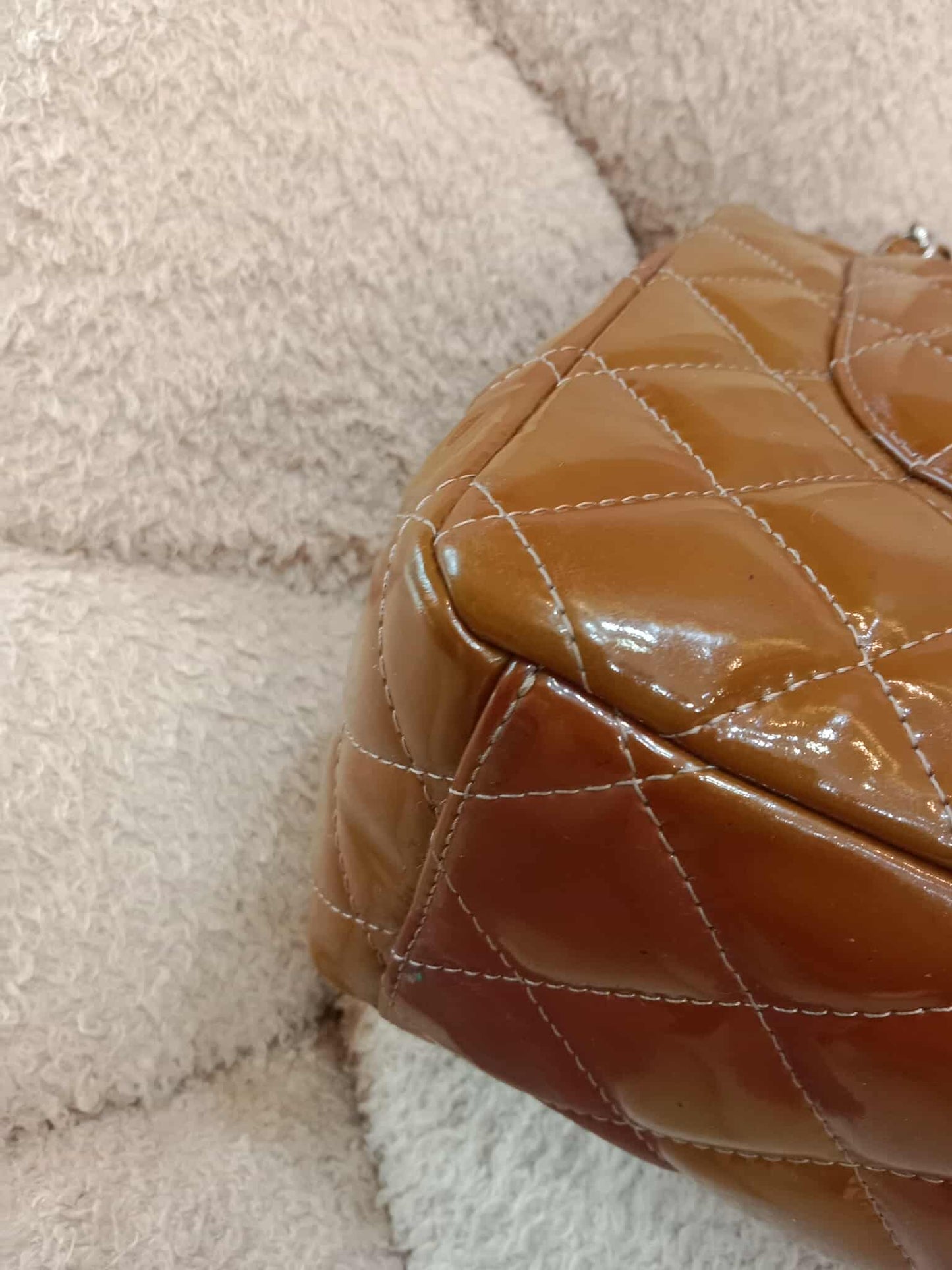 Chanel Quilted Maxi Double Flap Patent Tan Series 15