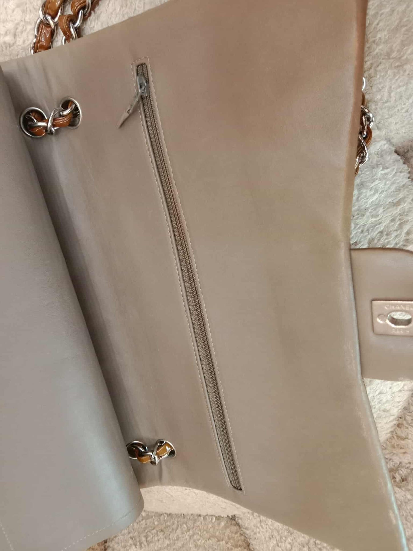 Chanel Quilted Maxi Double Flap Patent Tan Series 15