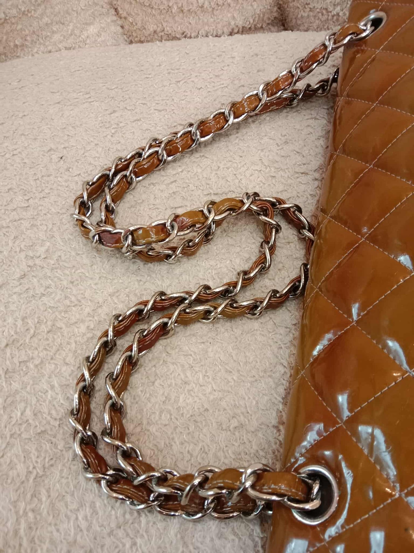 Chanel Quilted Maxi Double Flap Patent Tan Series 15