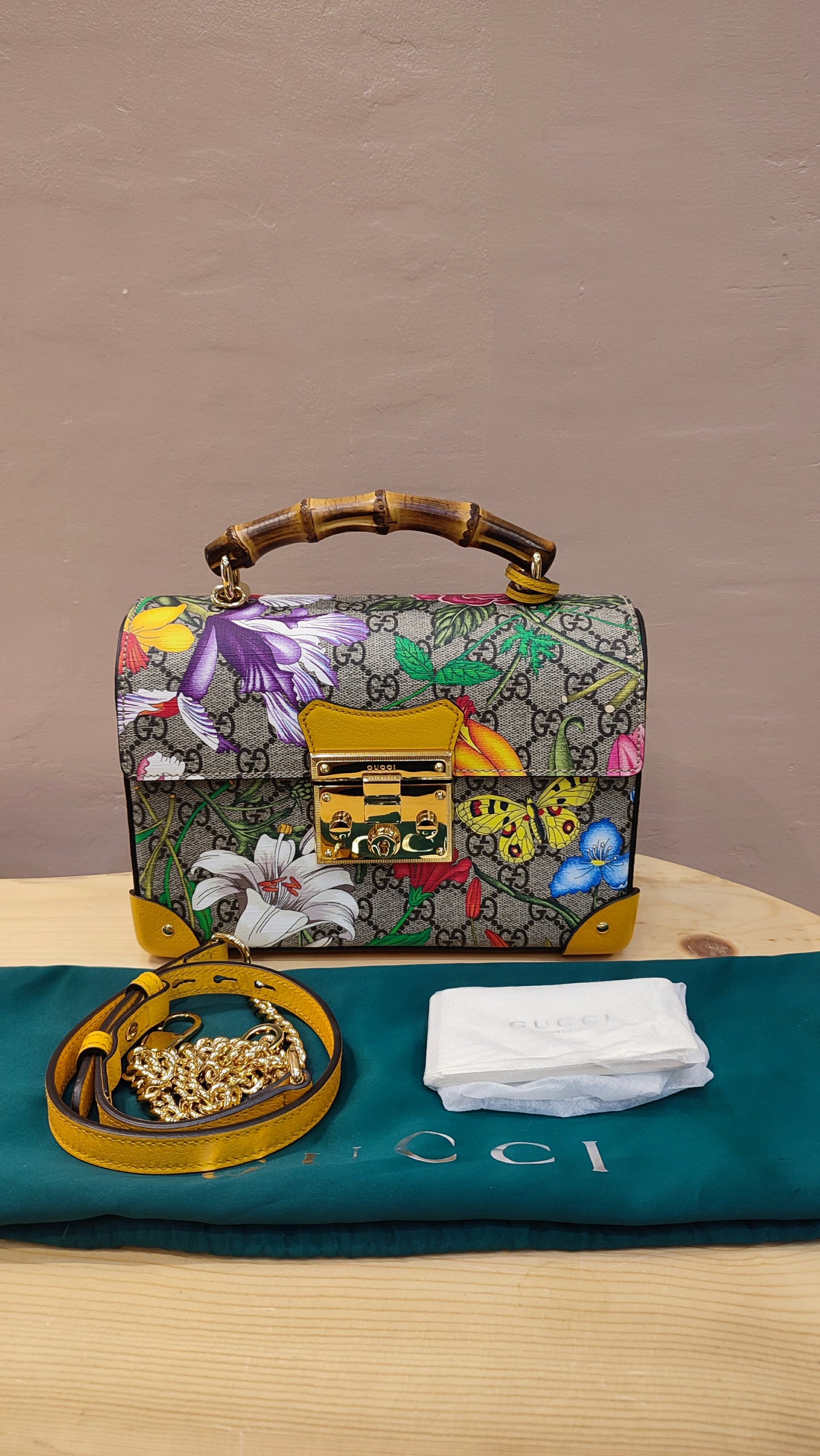 Gucci GG Floral Bamboo Bag Yellow