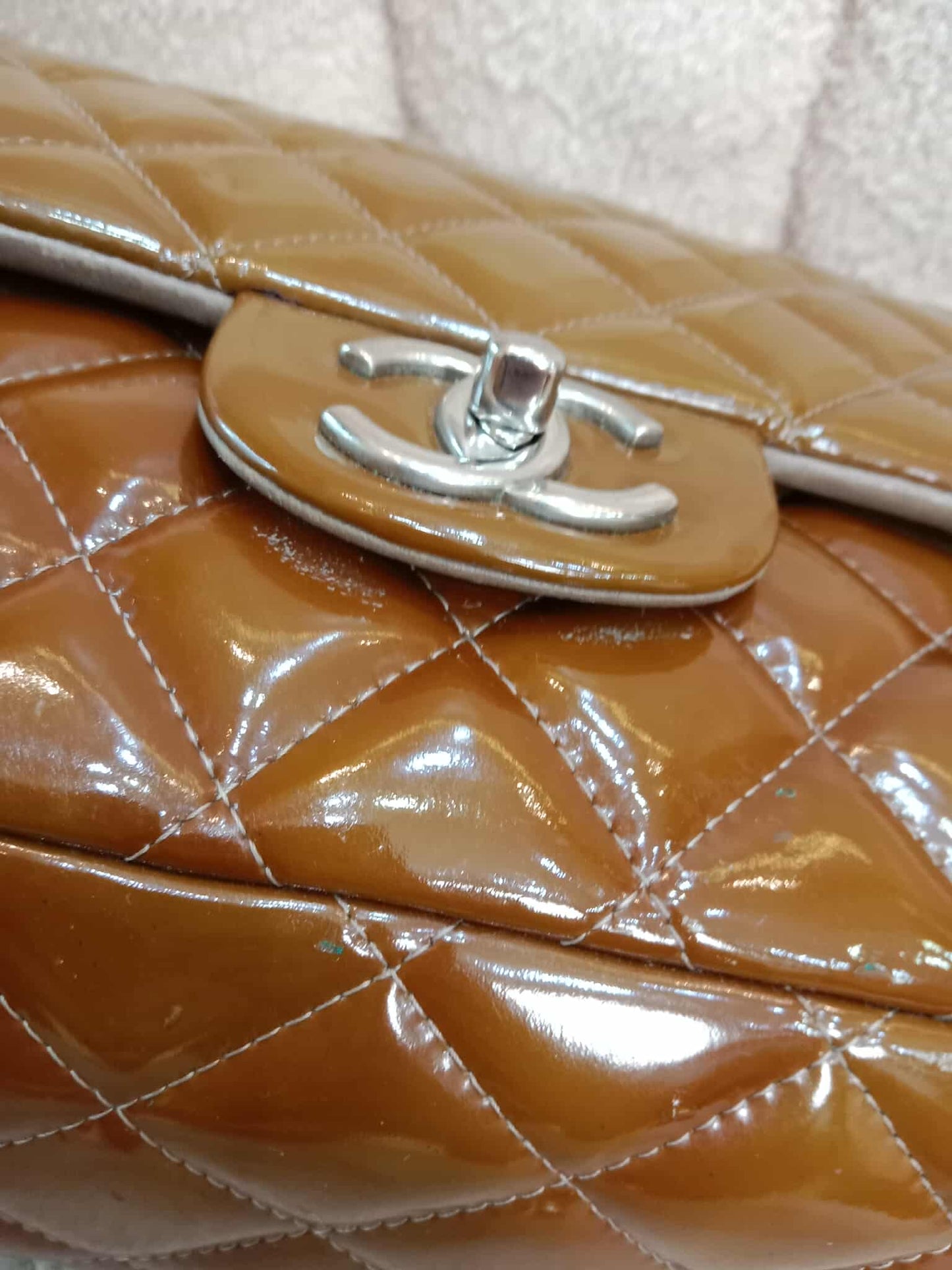 Chanel Quilted Maxi Double Flap Patent Tan Series 15