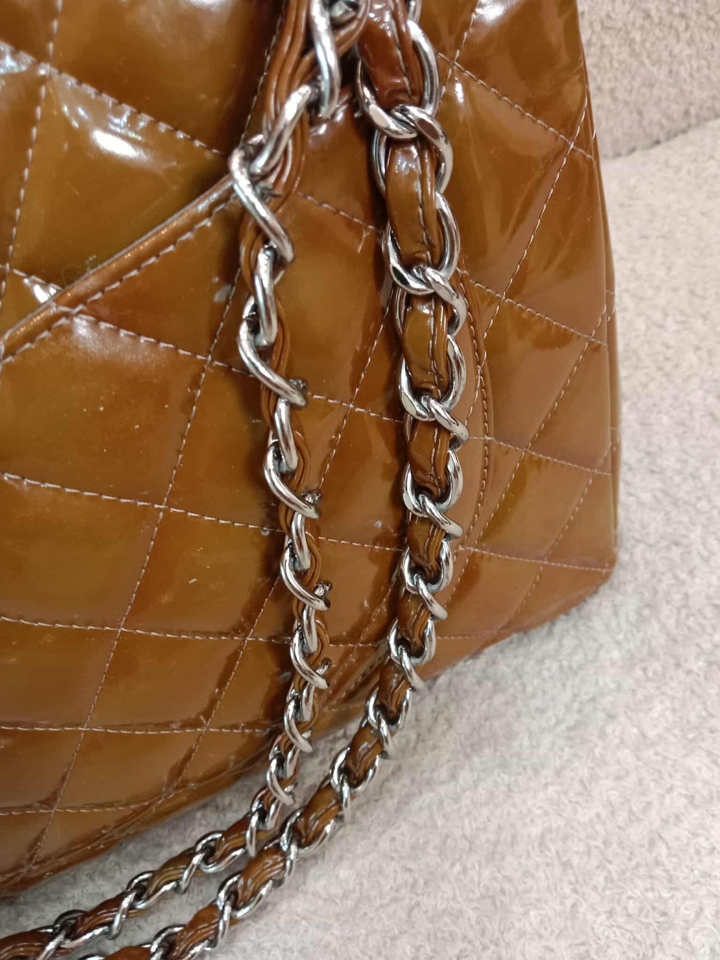 Chanel Quilted Maxi Double Flap Patent Tan Series 15
