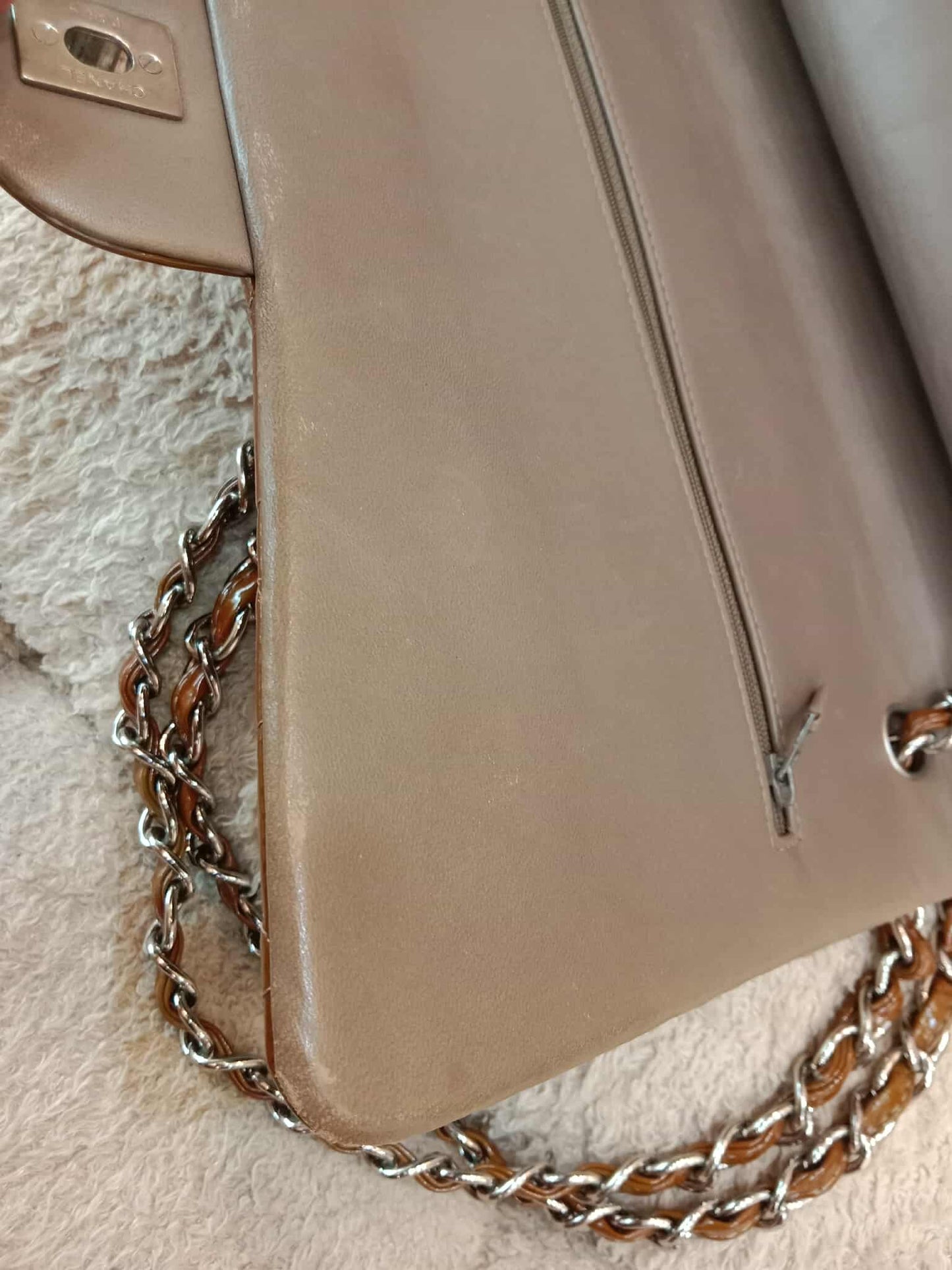 Chanel Quilted Maxi Double Flap Patent Tan Series 15