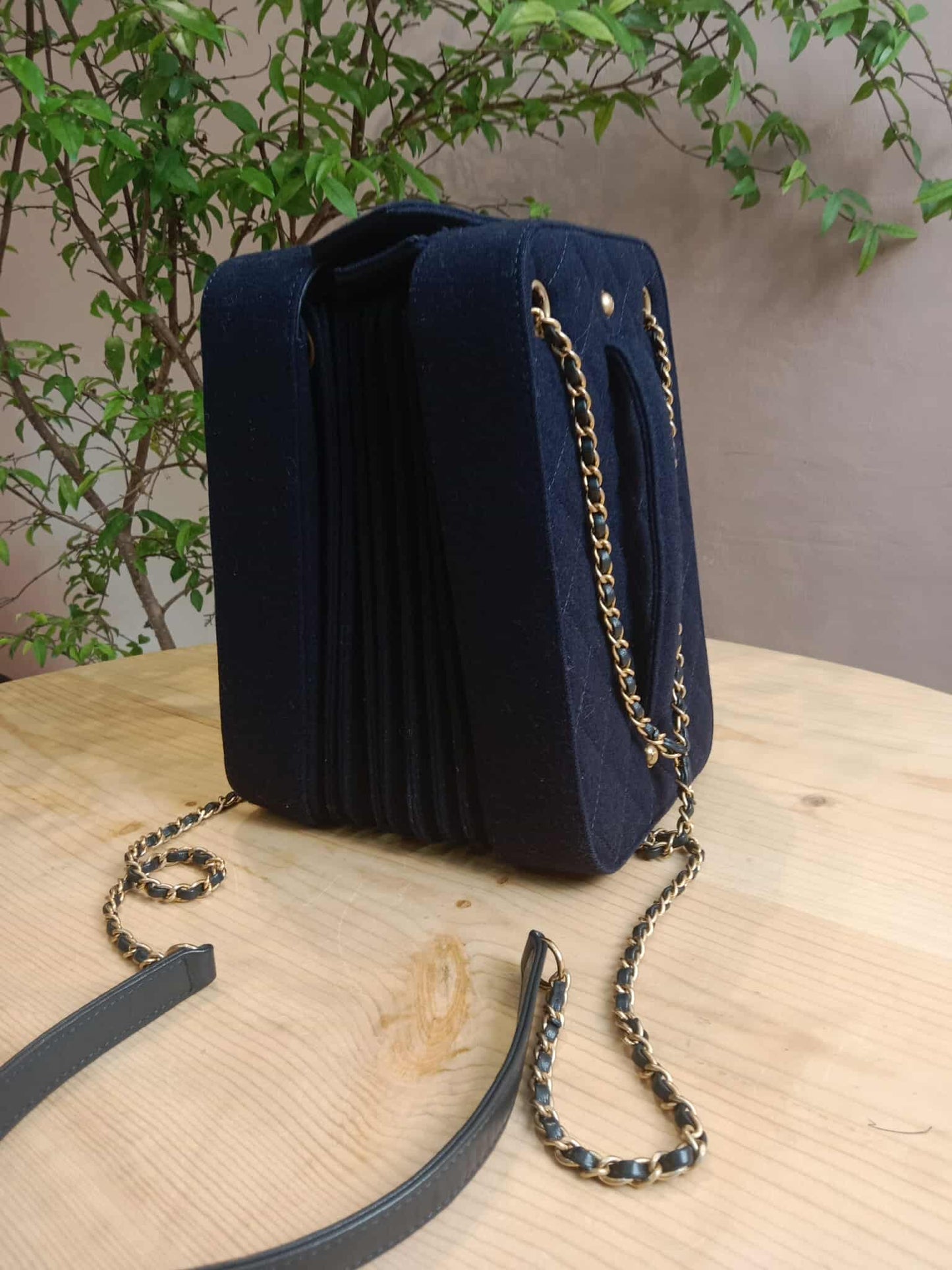 Chanel Paris-Hamburg Accordion Quilted Navy Blue Wool Aged Crossbody Runway Bag Series 25