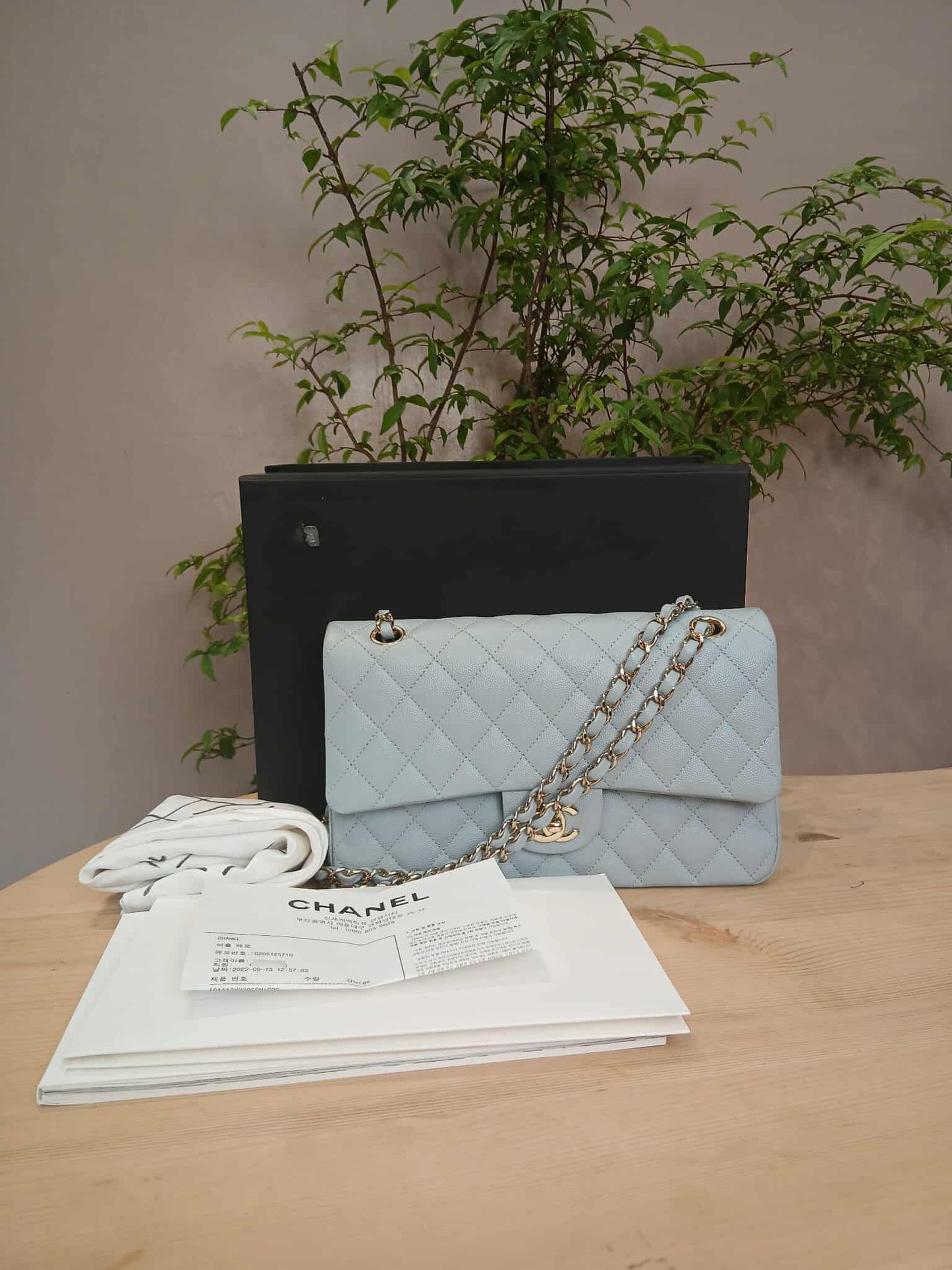 Chanel Quilted Double Flap Powder Blue Medium Caviar Microchipped