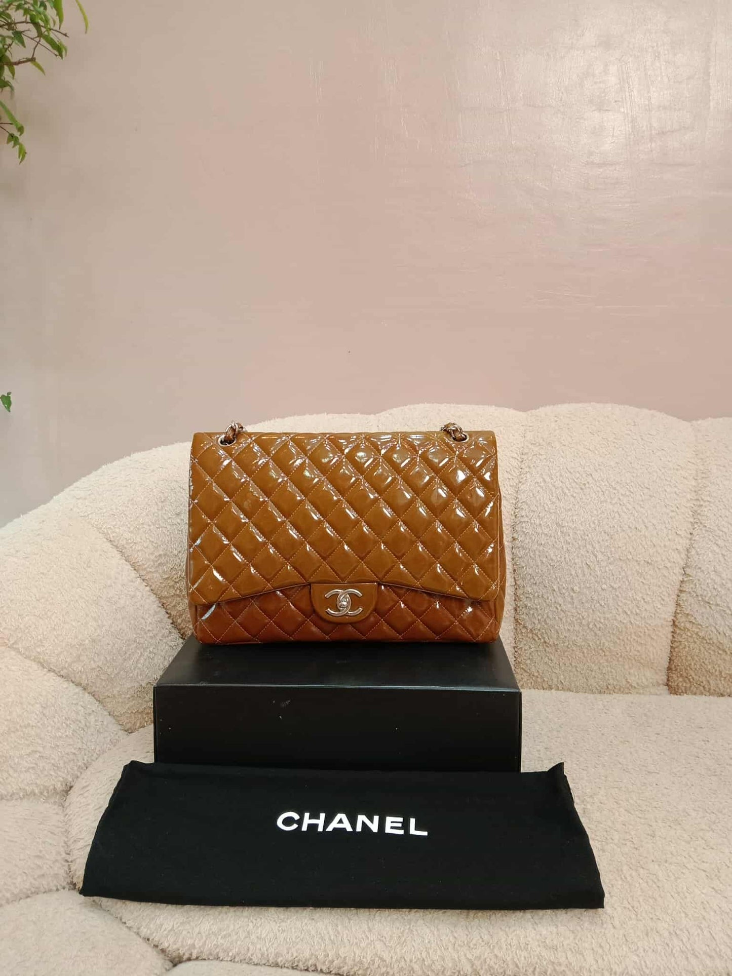 Chanel Quilted Maxi Double Flap Patent Tan Series 15