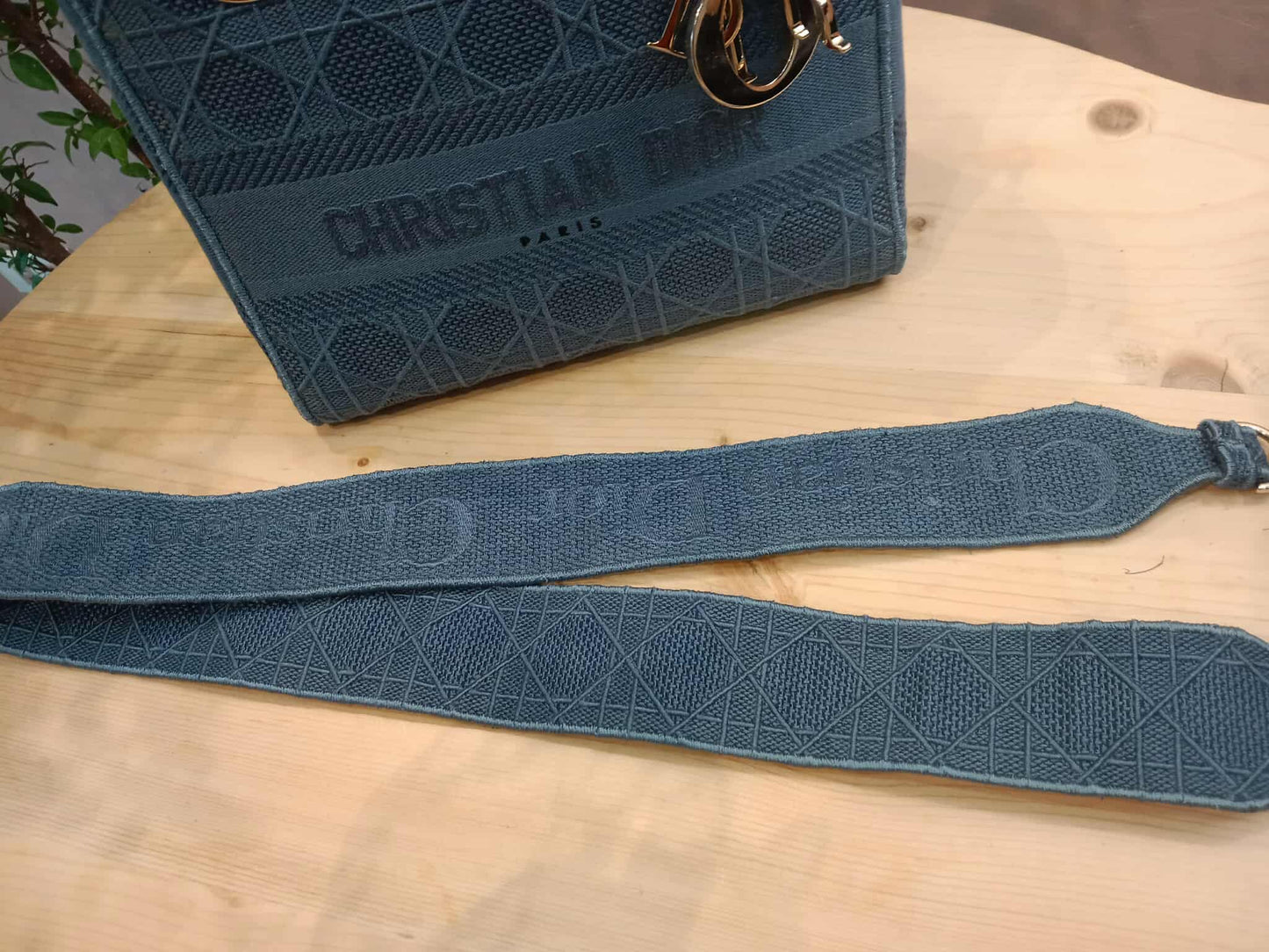 Dior Canvas Embroidered Cannage Medium Lady D-Lite Denim Blue