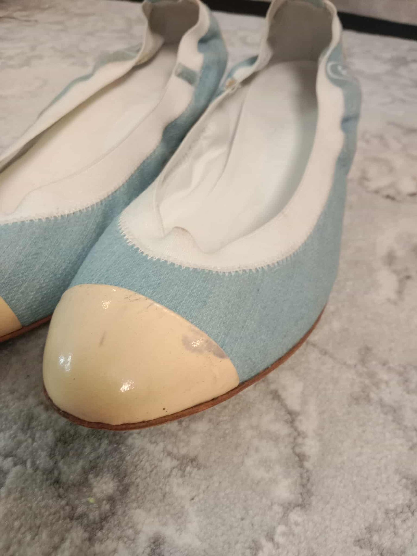Chanel Coco Mark Ballerina Denim Pumps Size 37C