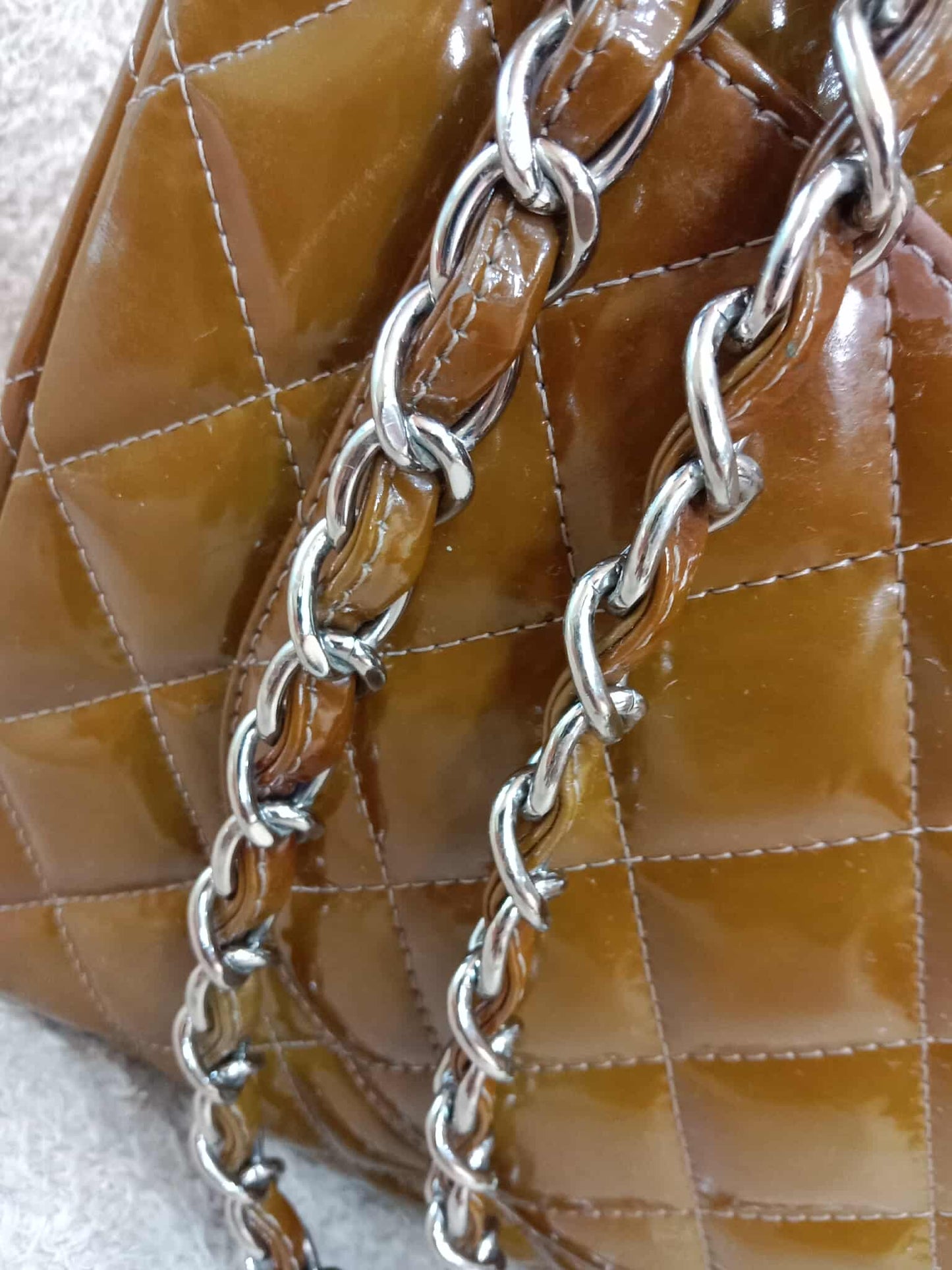 Chanel Quilted Maxi Double Flap Patent Tan Series 15