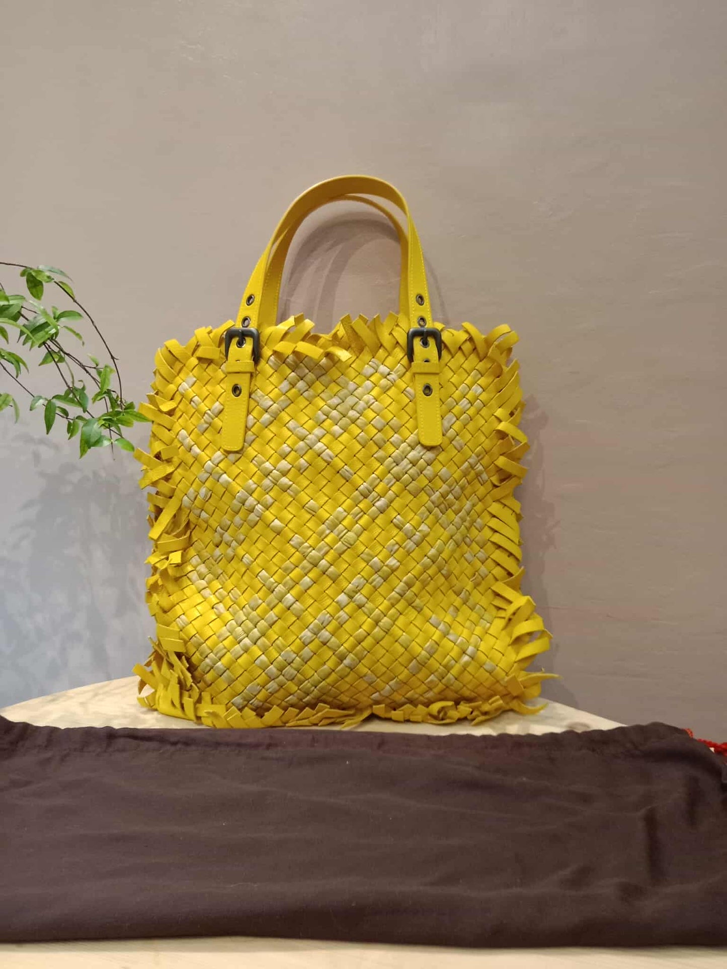 Bottega Veneta Paille Sfrangiato Aquatre Fringe Intrecciato Nappa Large Tote Yellow