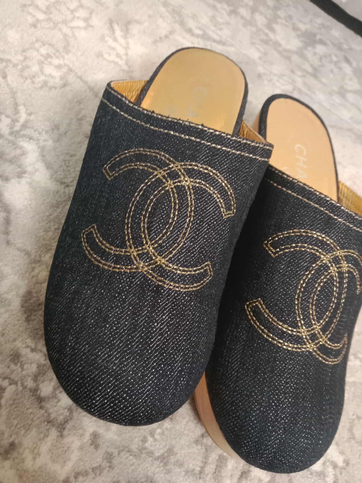 Chanel Sabot Coco Mark Denim Vintage Sandals Size 36