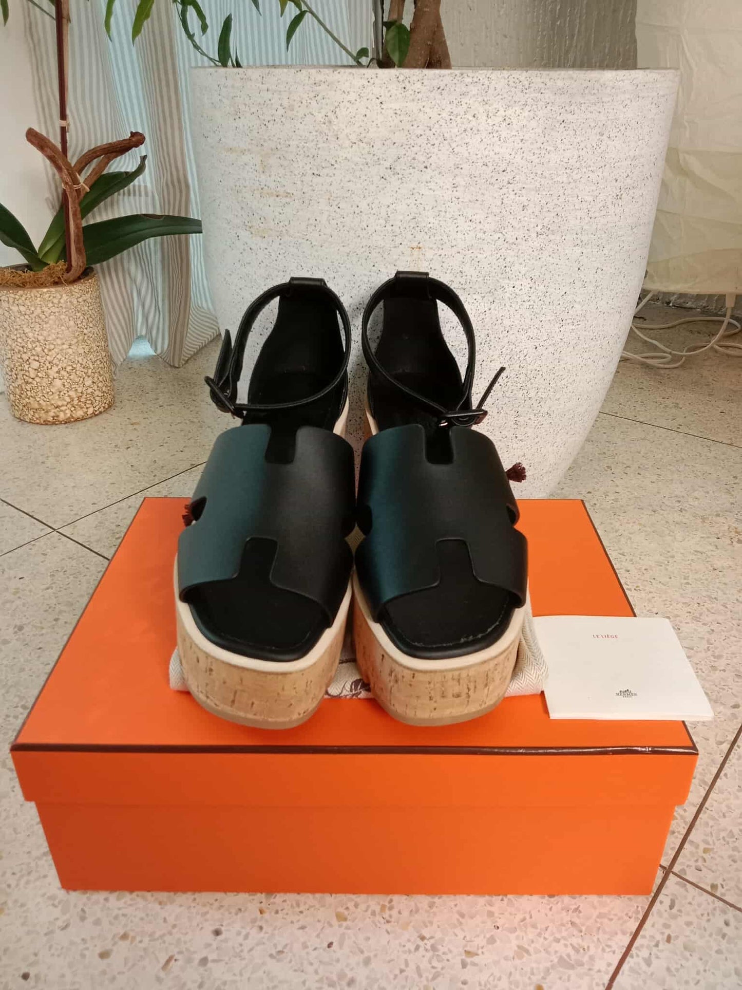 Hermes Wedge Sandals Black Size 38
