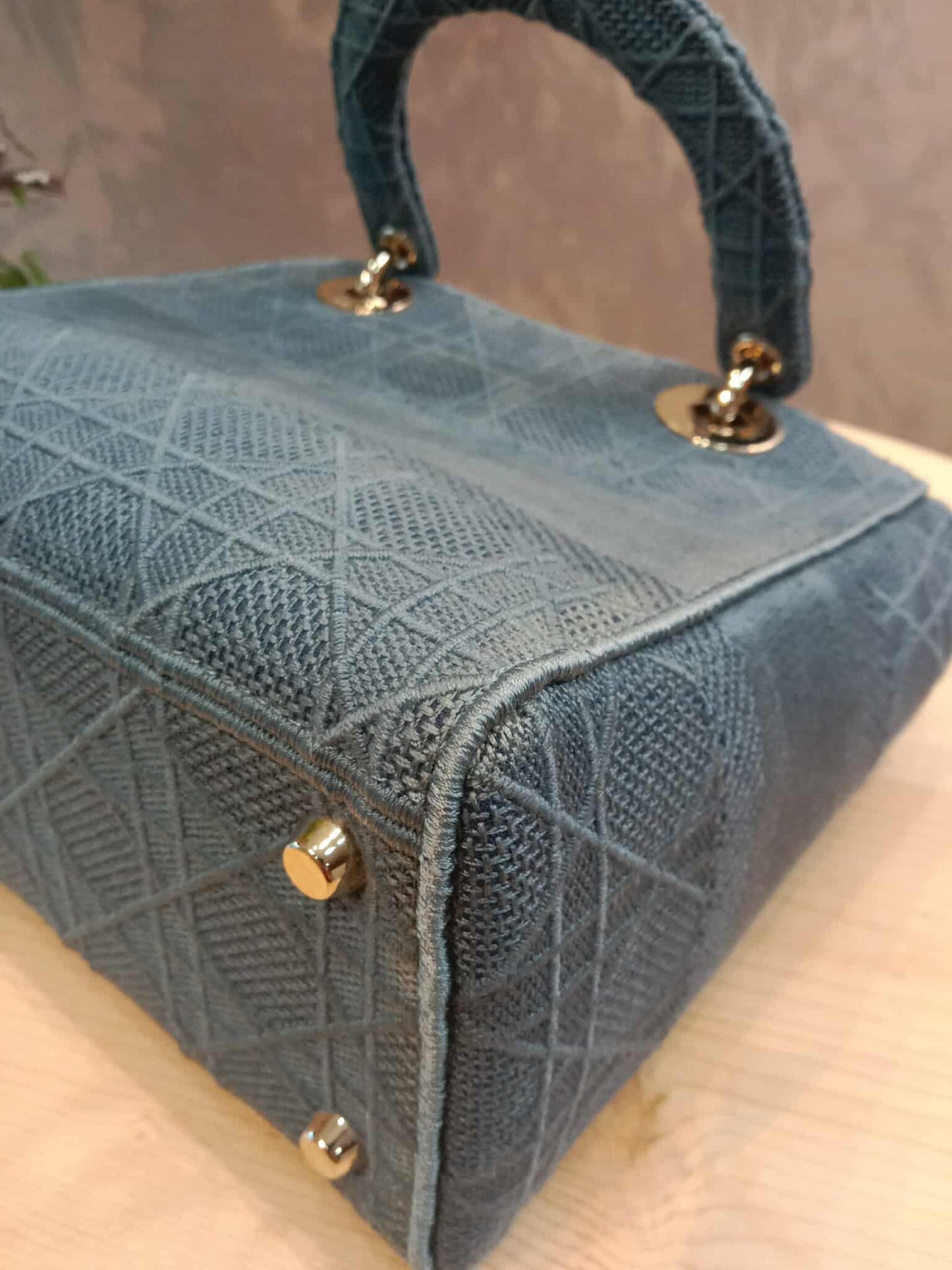 Dior Canvas Embroidered Cannage Medium Lady D-Lite Denim Blue