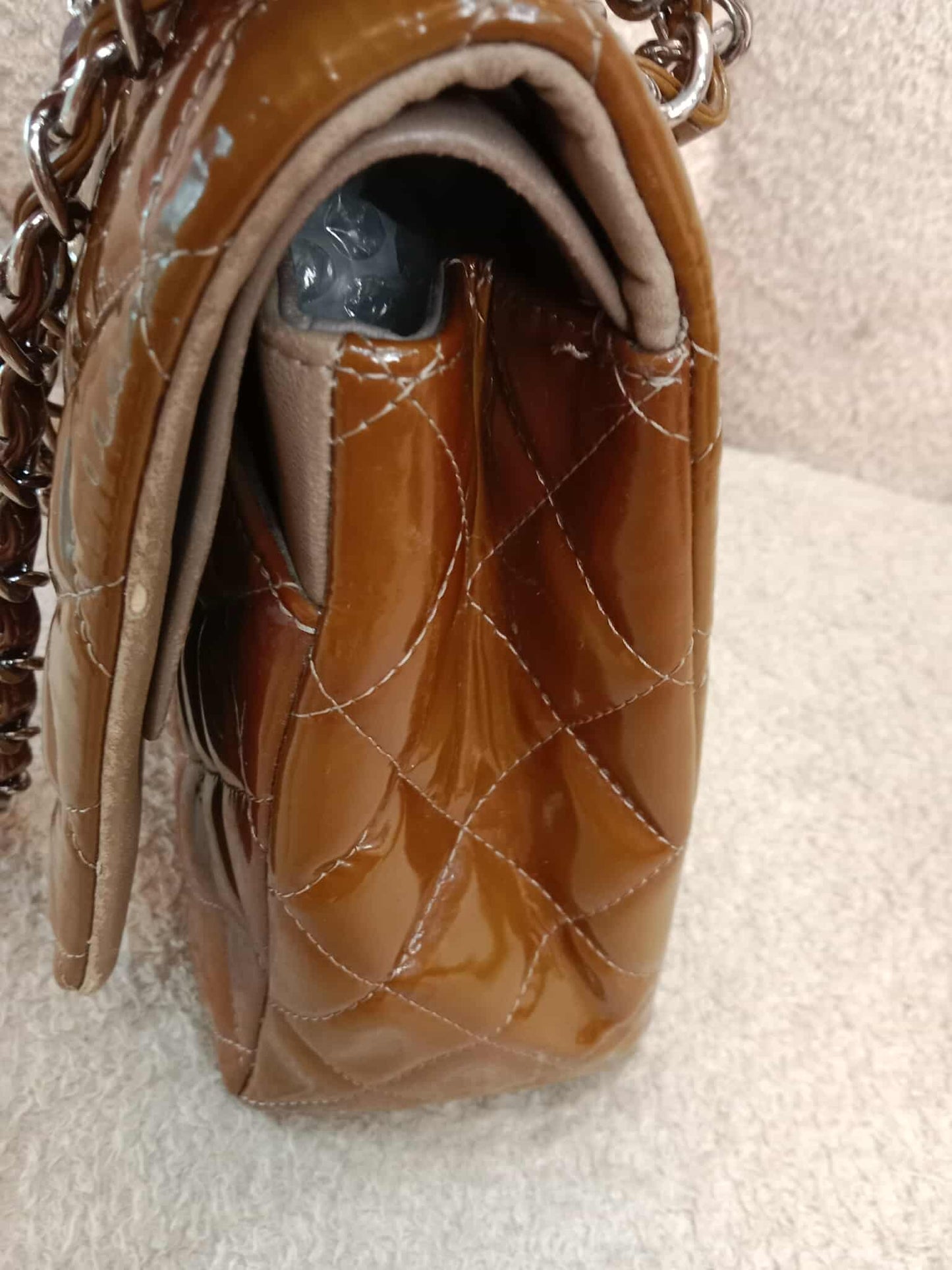 Chanel Quilted Maxi Double Flap Patent Tan Series 15