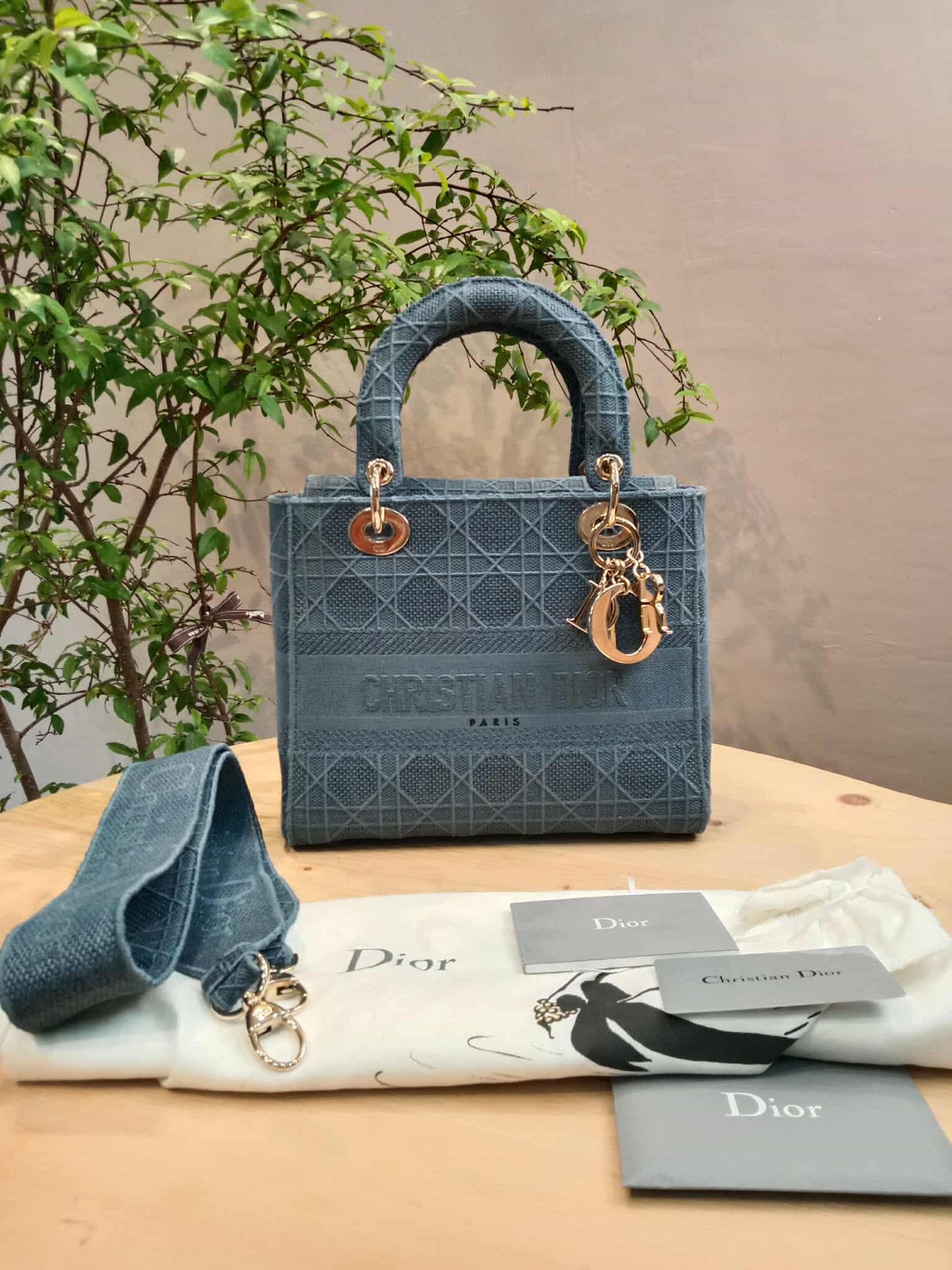 Dior Canvas Embroidered Cannage Medium Lady D-Lite Denim Blue