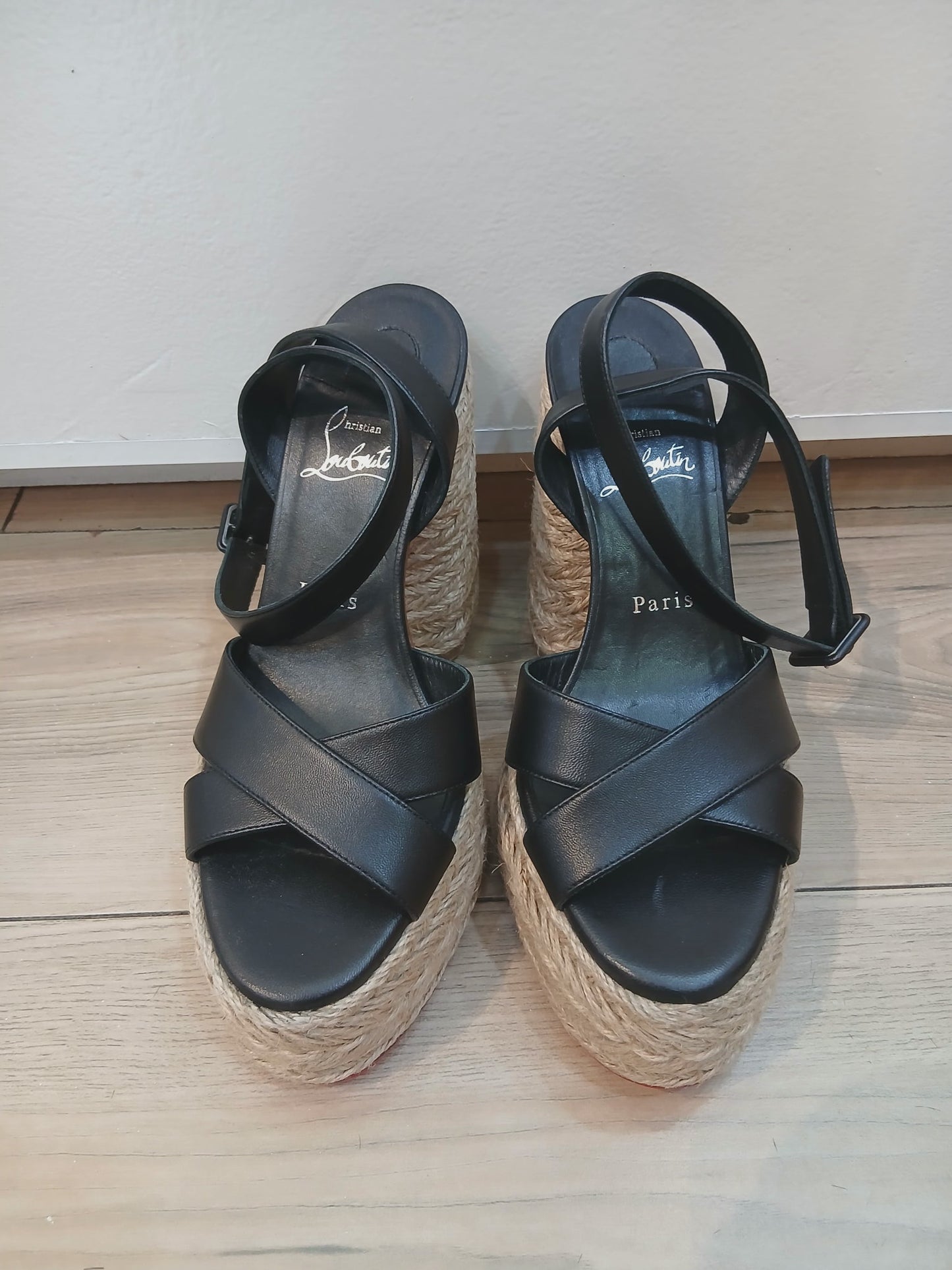 Chrstian Louboutin Mariza Zeppa Leather-Trimmed Espadrille Wedge Size 38