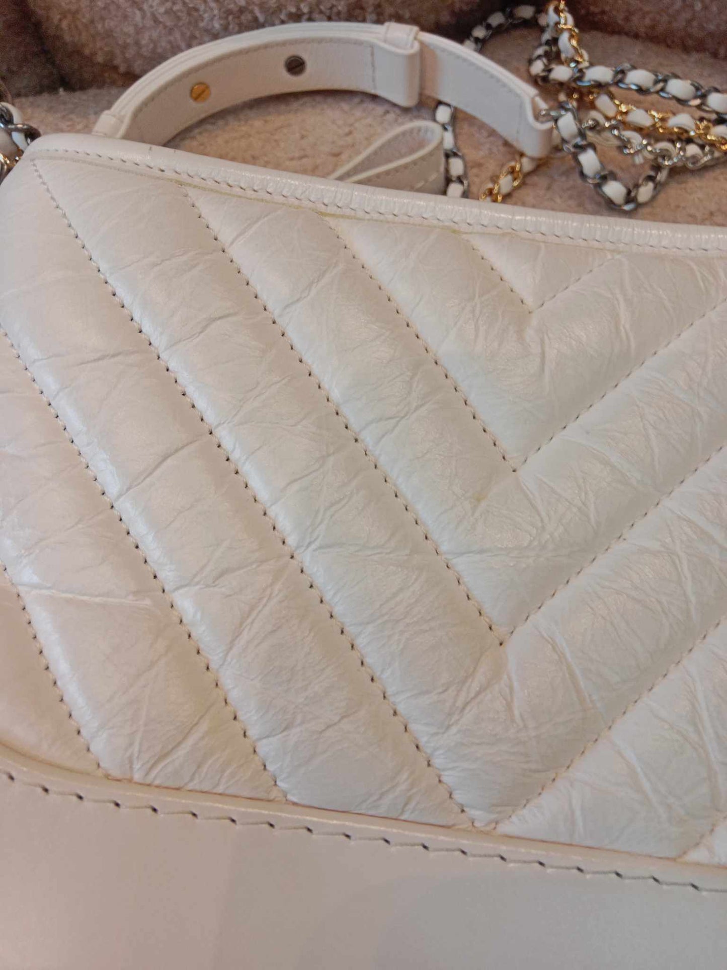 Chanel White Small Chevron Gabrielle Hobo Aged Calfskin Series 29