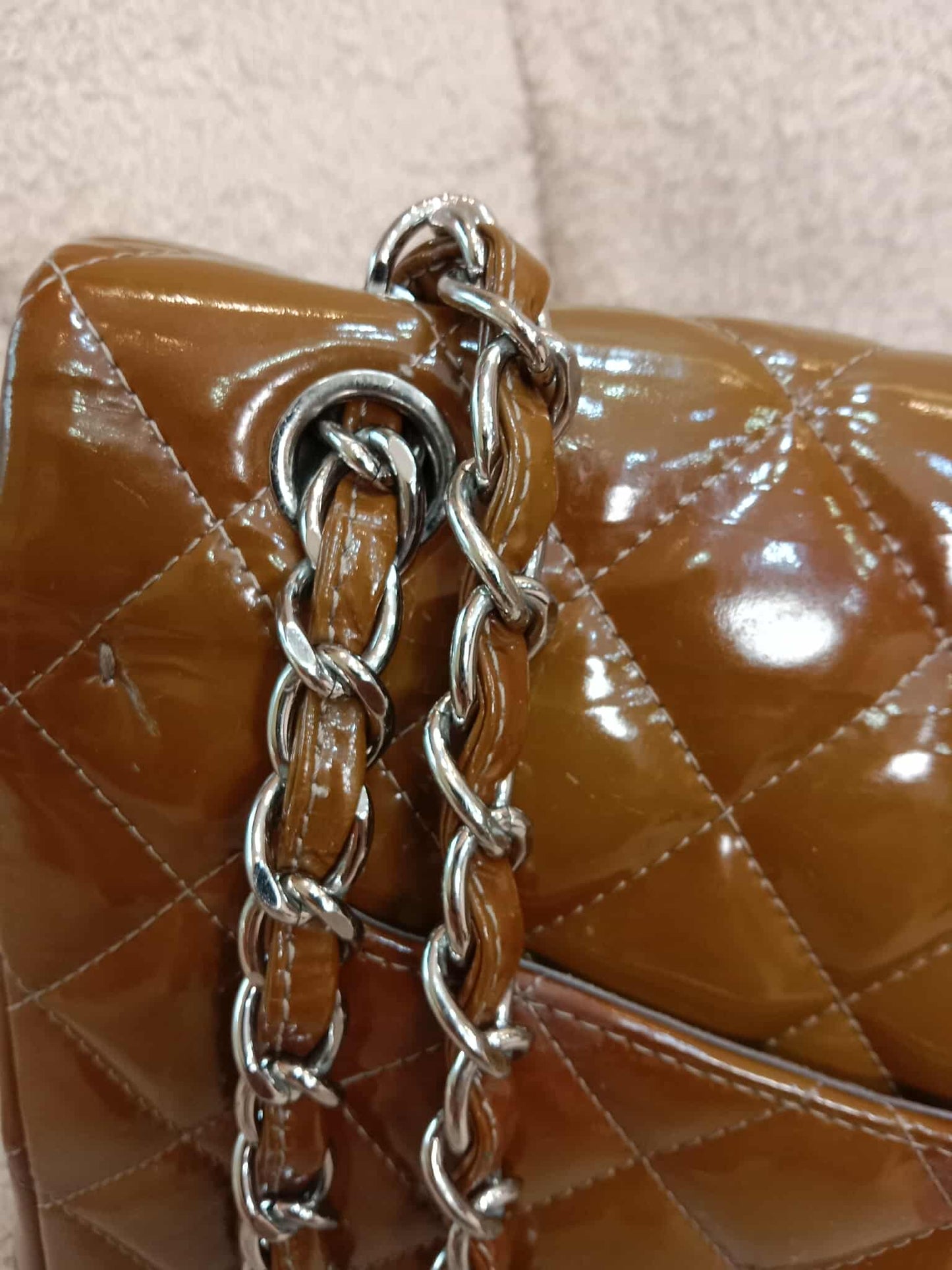 Chanel Quilted Maxi Double Flap Patent Tan Series 15