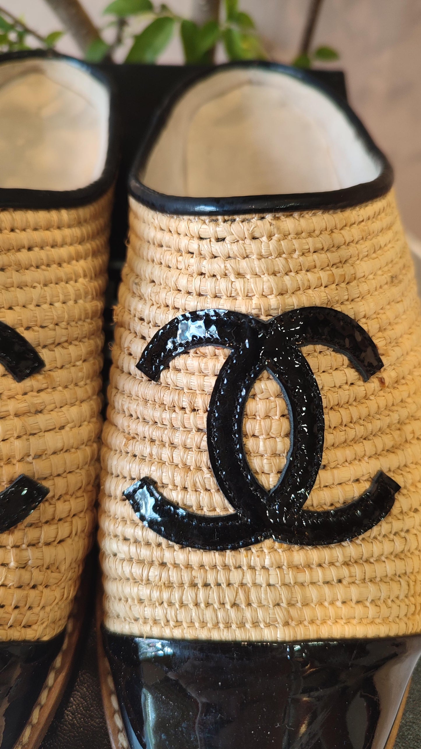 Chanel Coco Mark Raffia Espadrille Mules Size 36