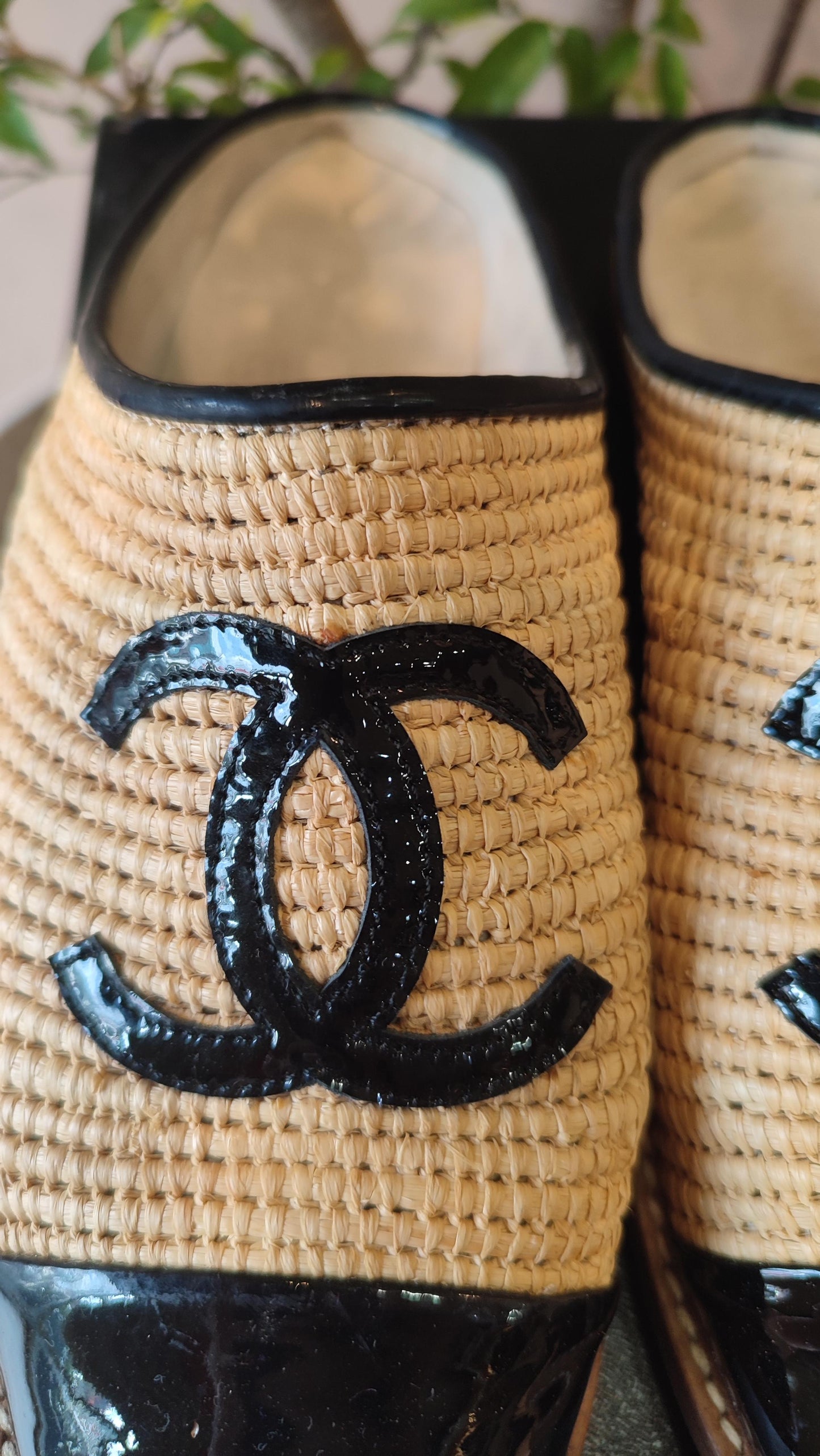 Chanel Coco Mark Raffia Espadrille Mules Size 36