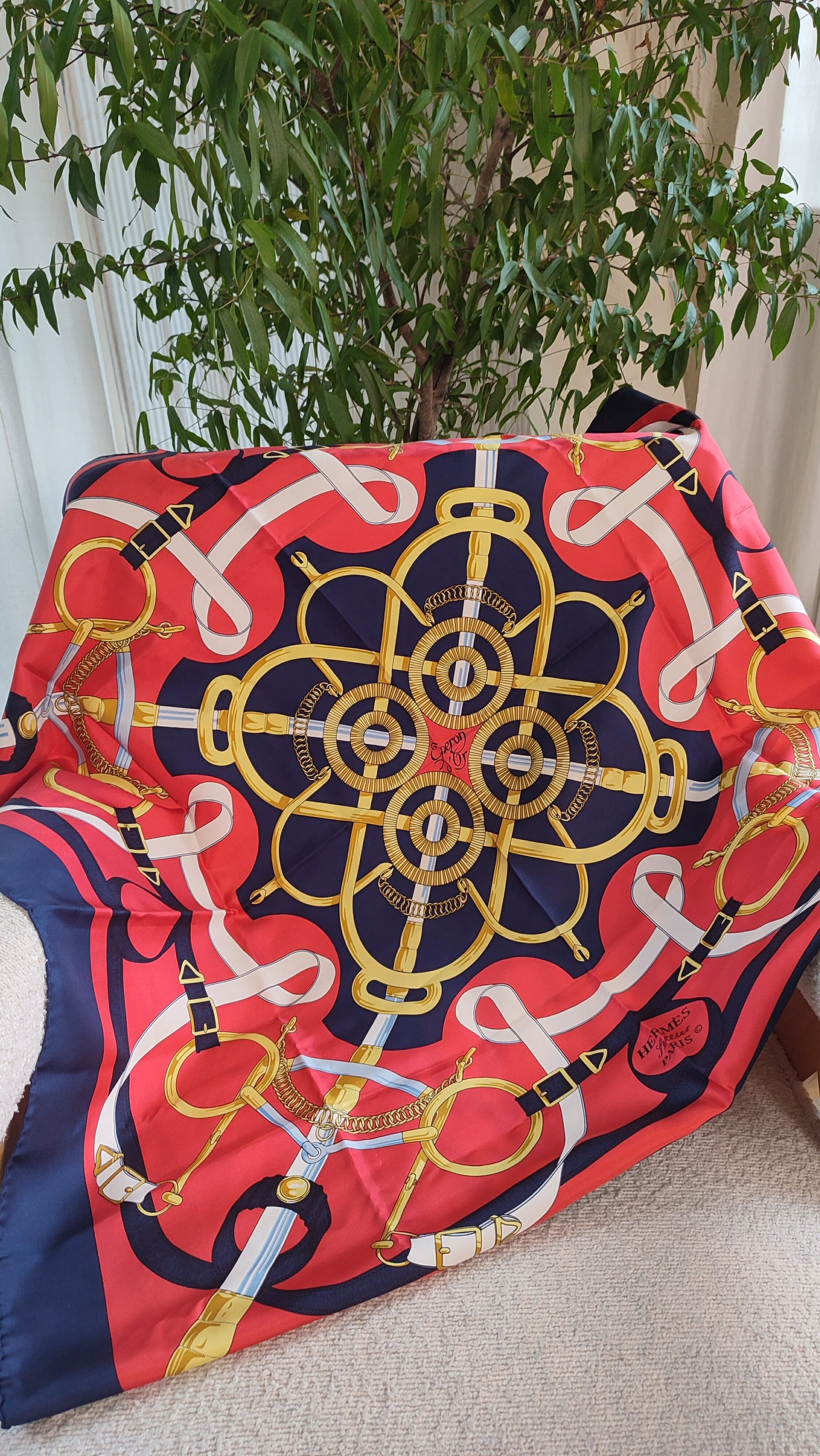 Hermes Carre 90 Eperon Dor Golden Spur Silk Scarf