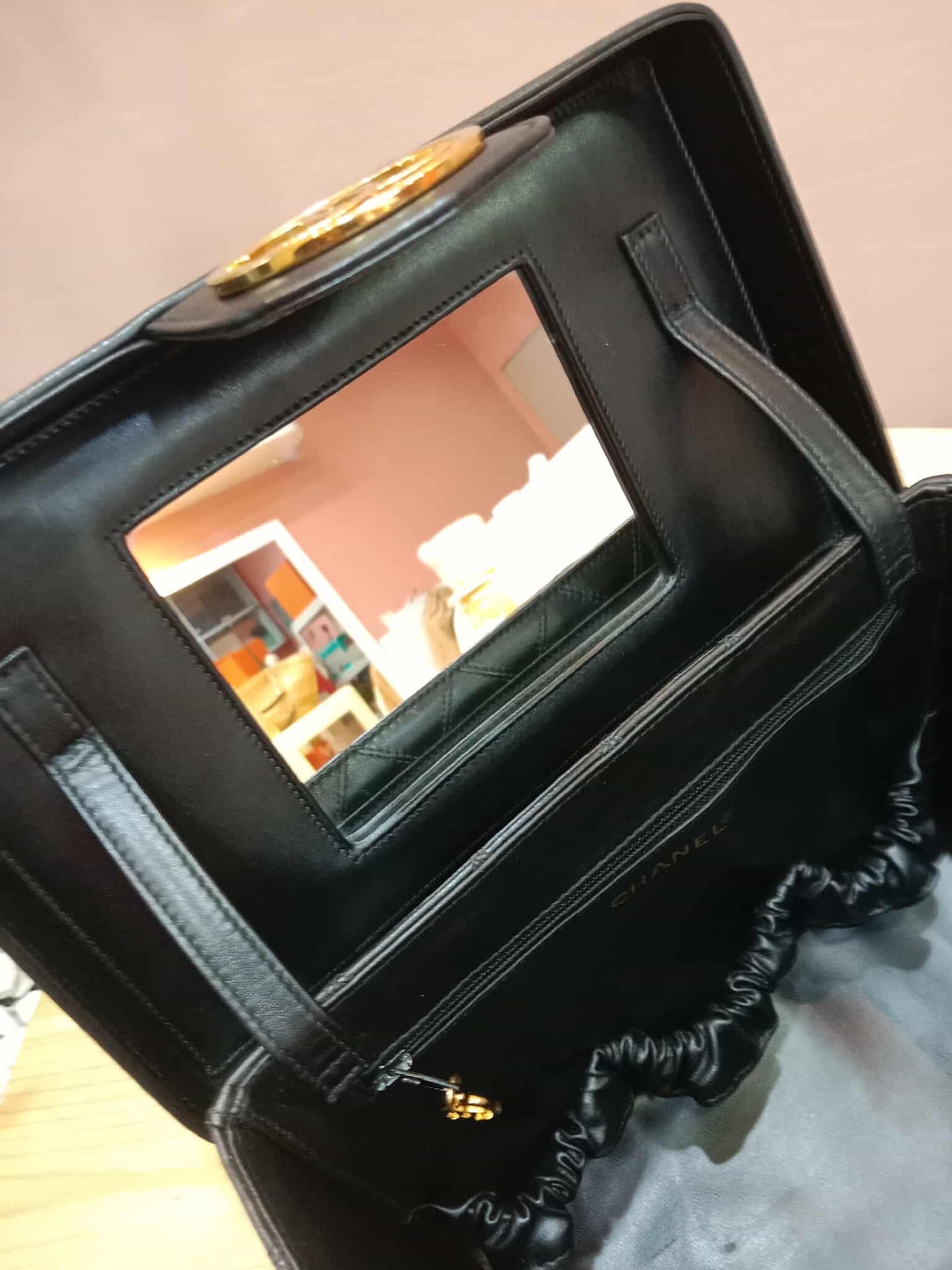 Chanel Vanity Black Leather Stitched Cosmetic Beauty Bag Series 2