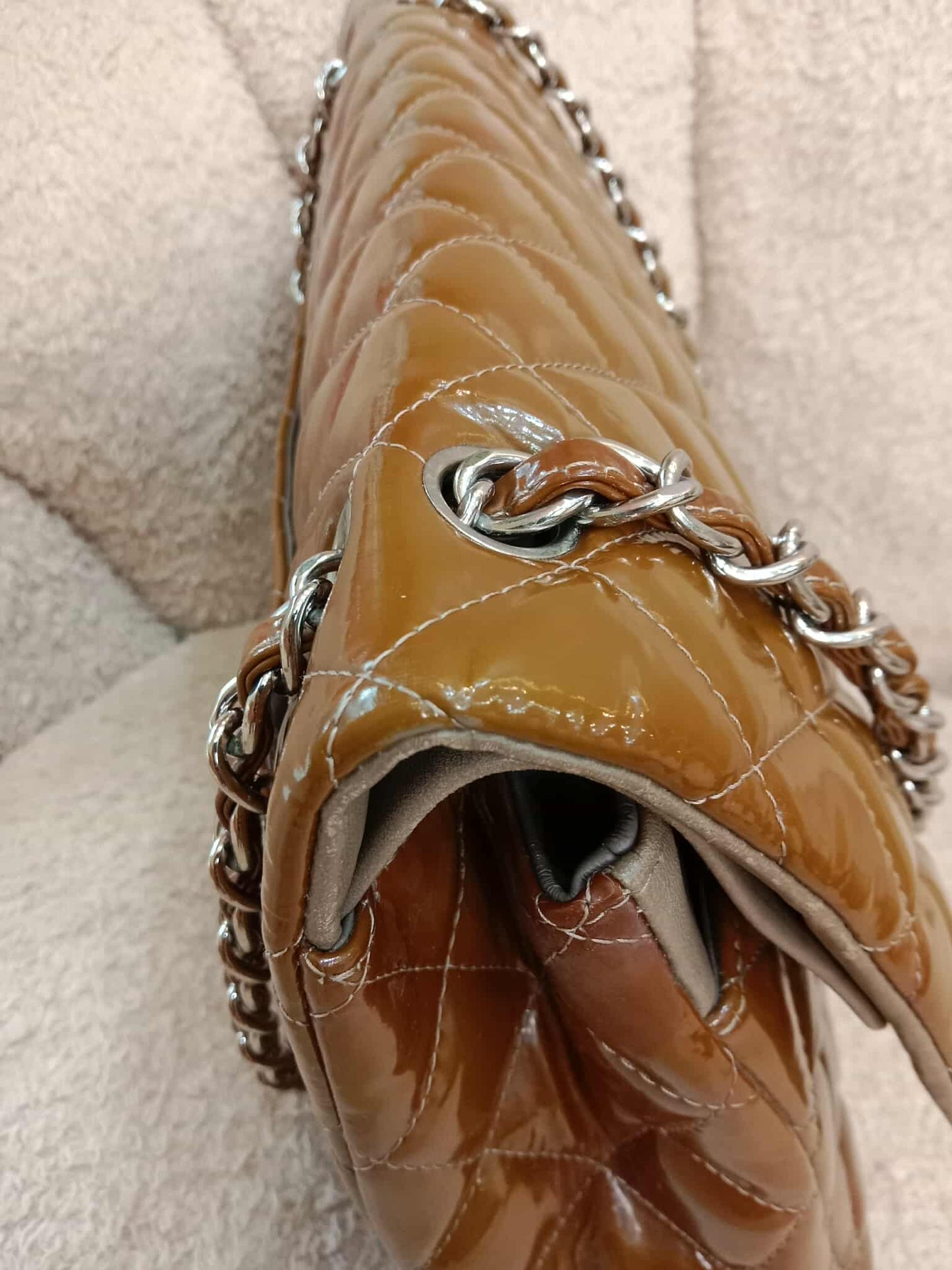Chanel Quilted Maxi Double Flap Patent Tan Series 15