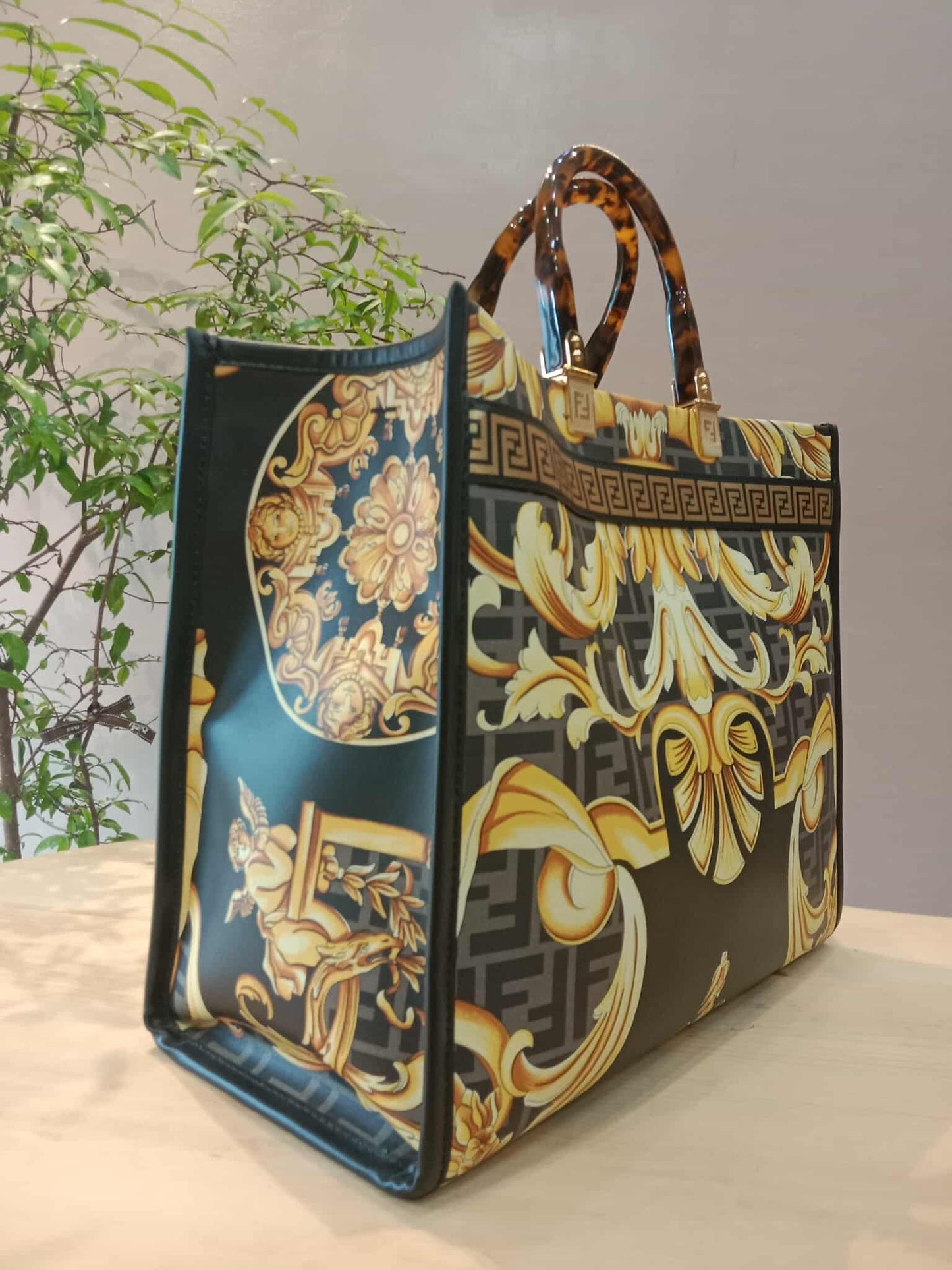 Fendi x Versace Fendace Baroque Print Sunshine Shopper Tote Satchel