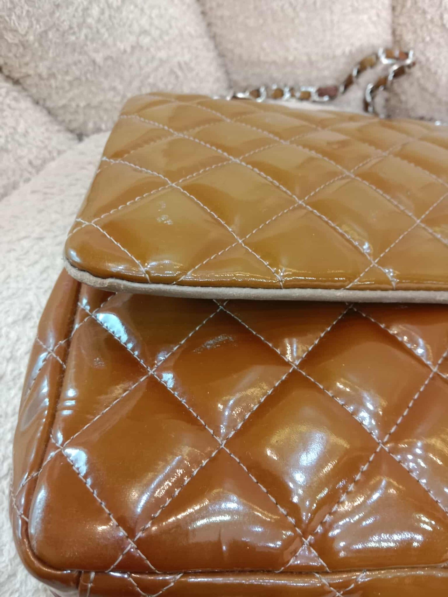 Chanel Quilted Maxi Double Flap Patent Tan Series 15