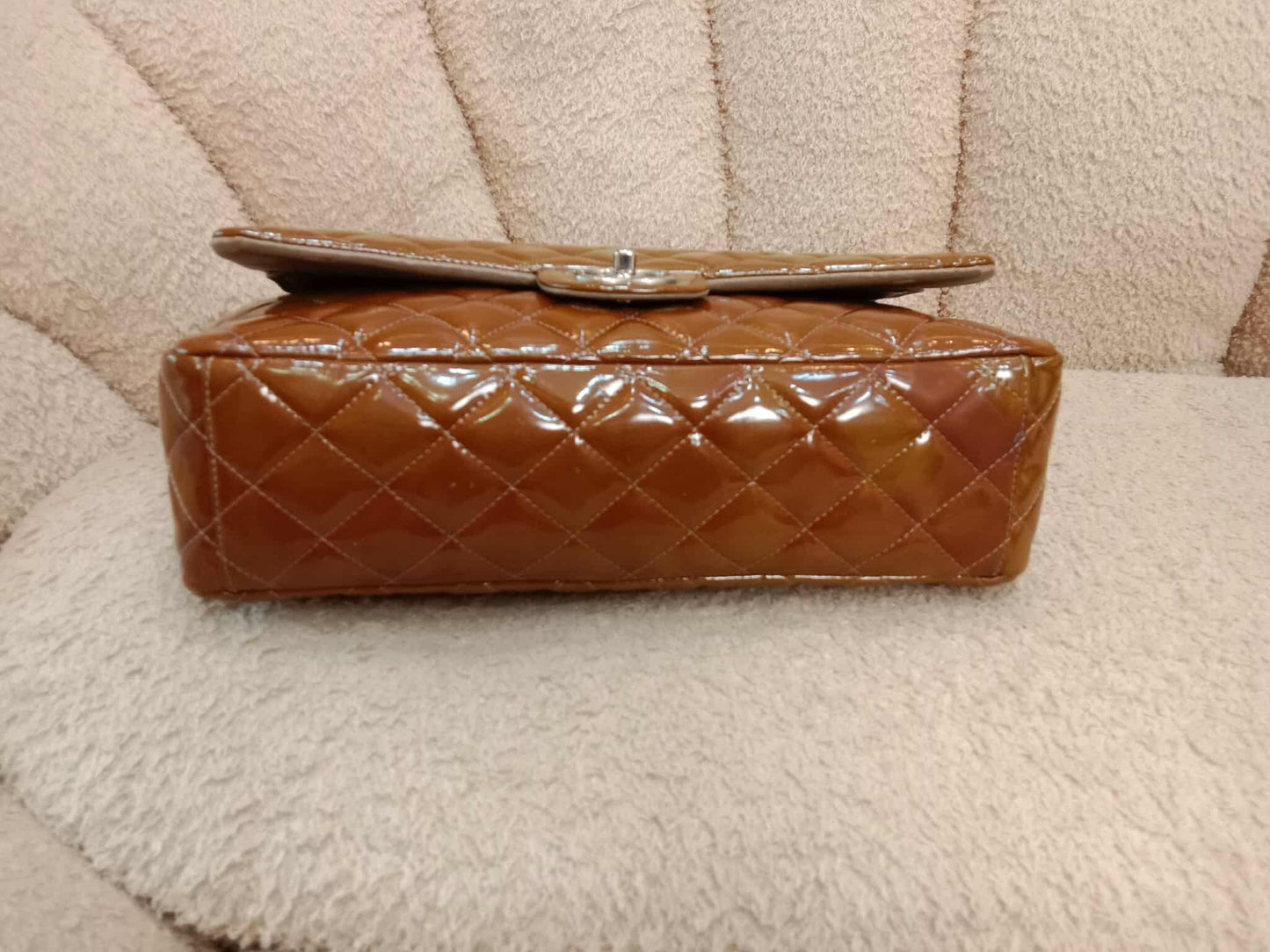 Chanel Quilted Maxi Double Flap Patent Tan Series 15