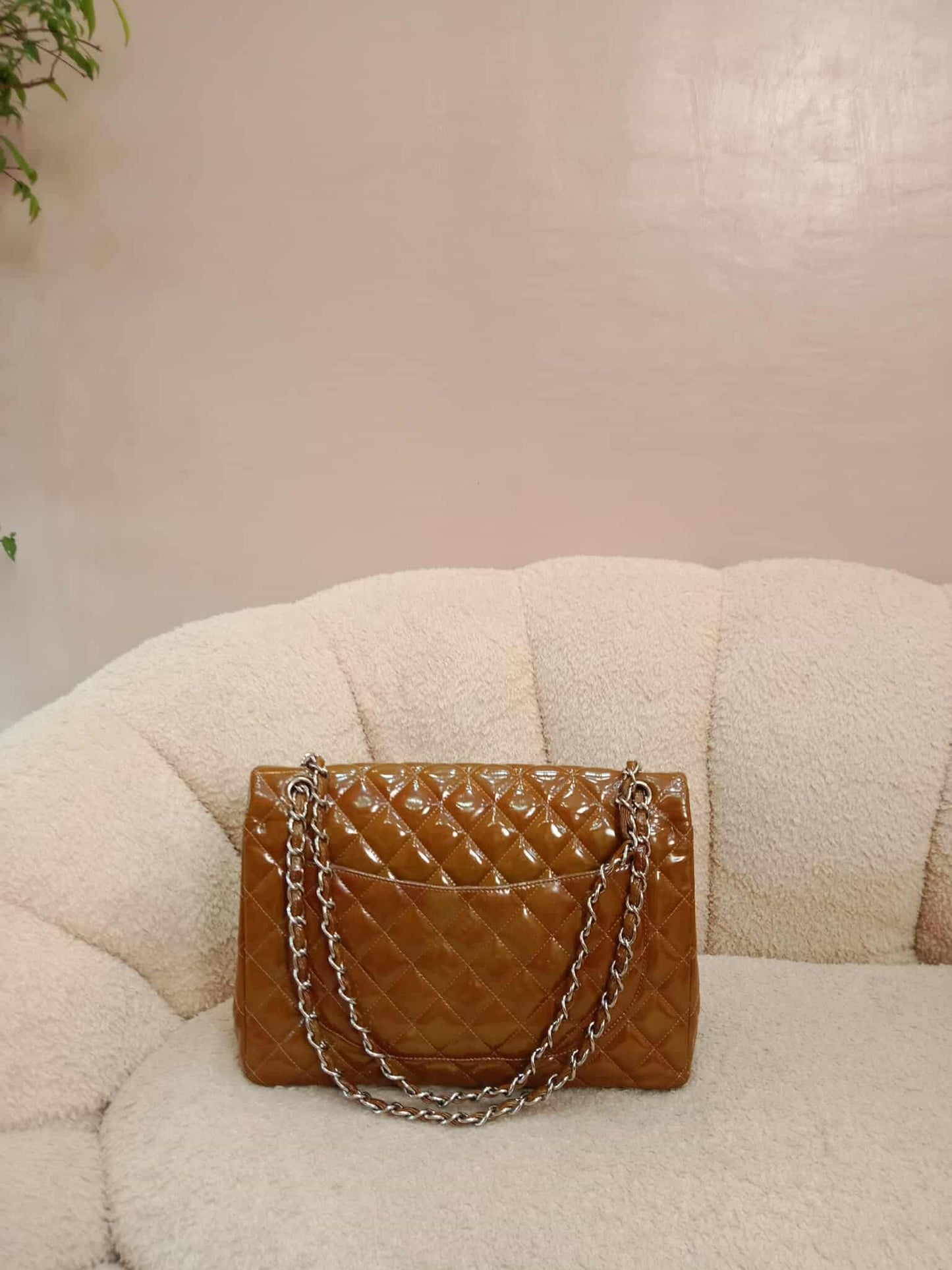 Chanel Quilted Maxi Double Flap Patent Tan Series 15
