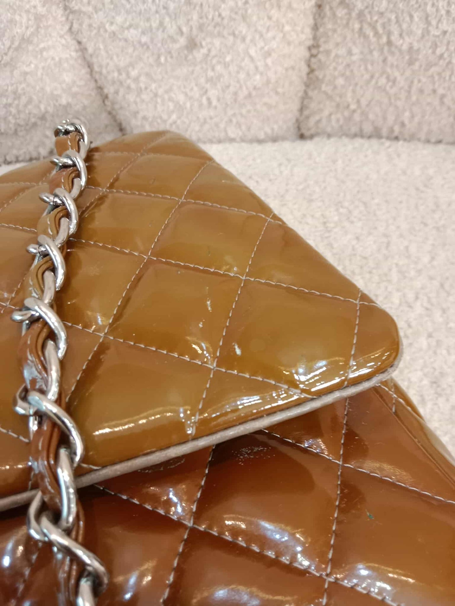 Chanel Quilted Maxi Double Flap Patent Tan Series 15