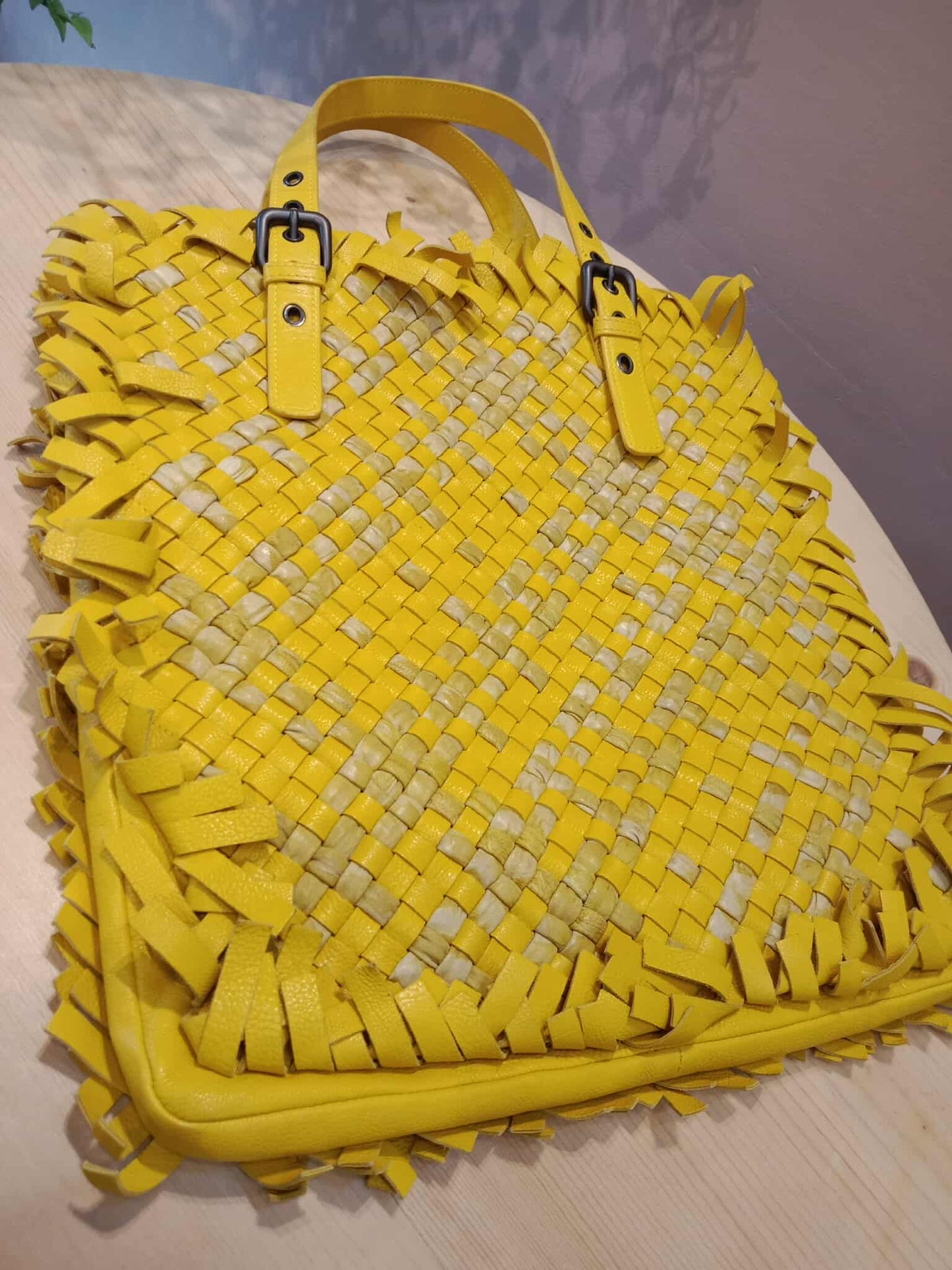 Bottega Veneta Paille Sfrangiato Aquatre Fringe Intrecciato Nappa Large Tote Yellow