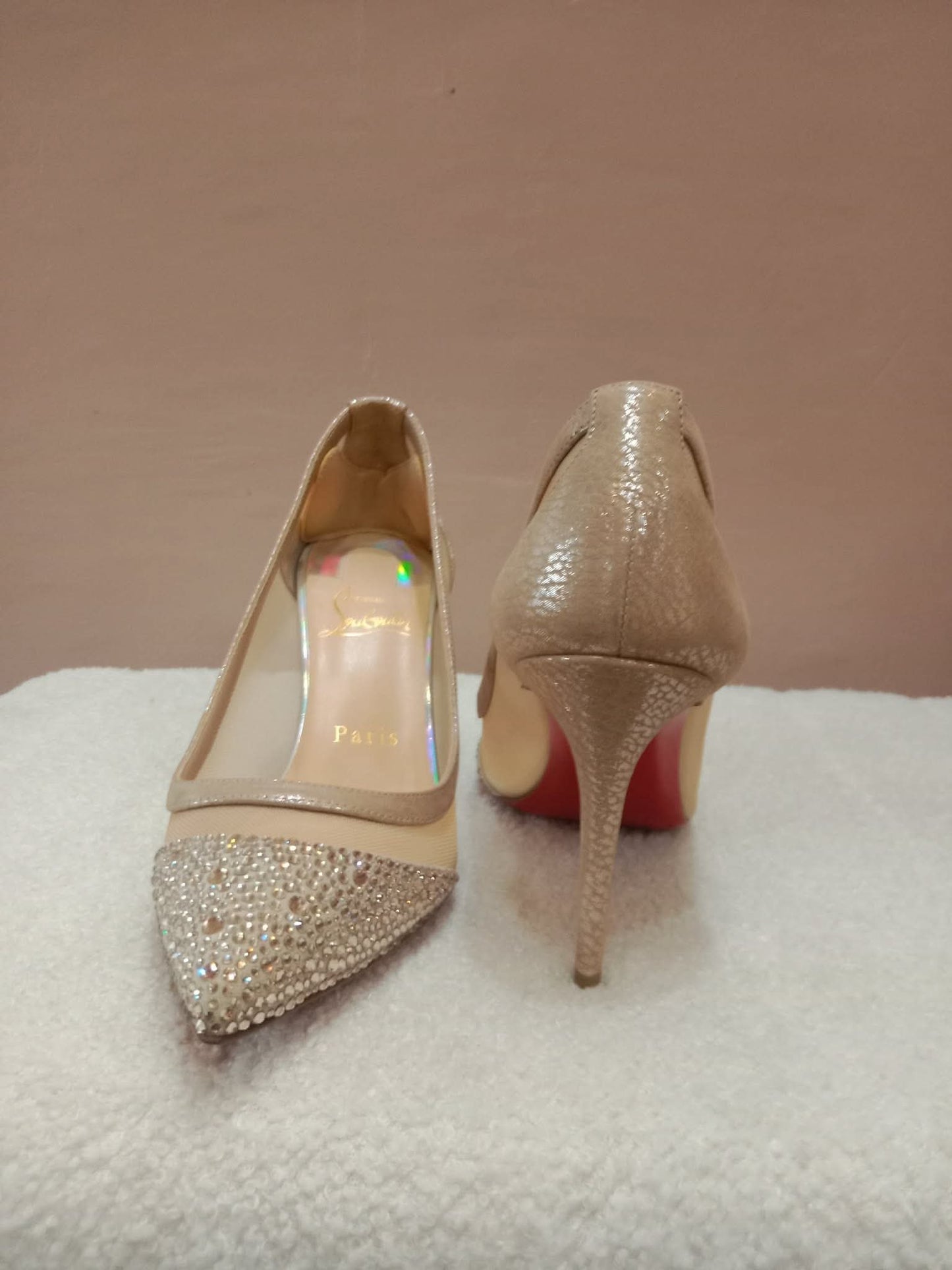 Christian Louboutin Galativi Pumps Beige Suede/Mesh with Crystal Embellishments Size 36