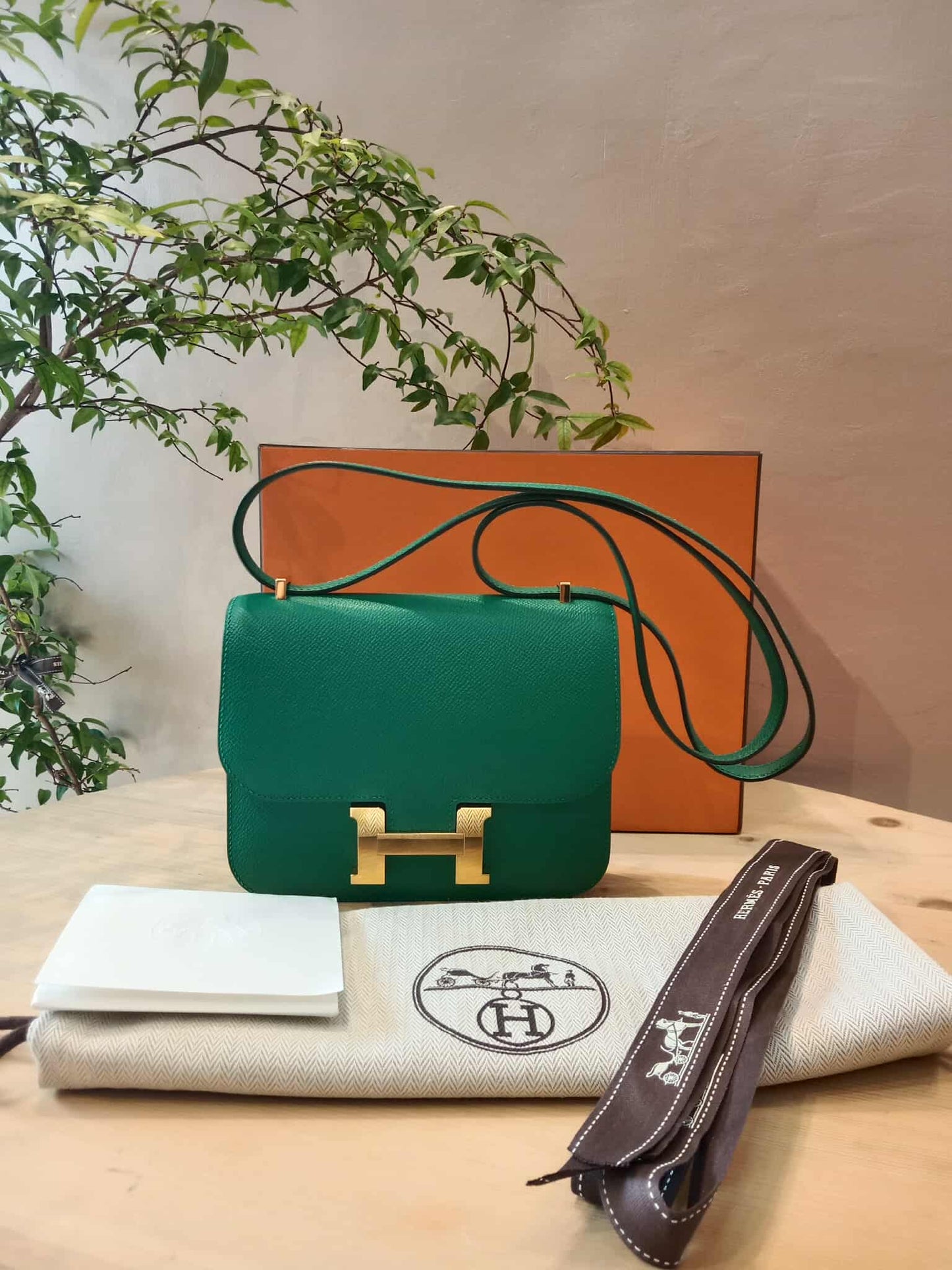 Hermes Constance 18 Green Epsom Stamp C 2018