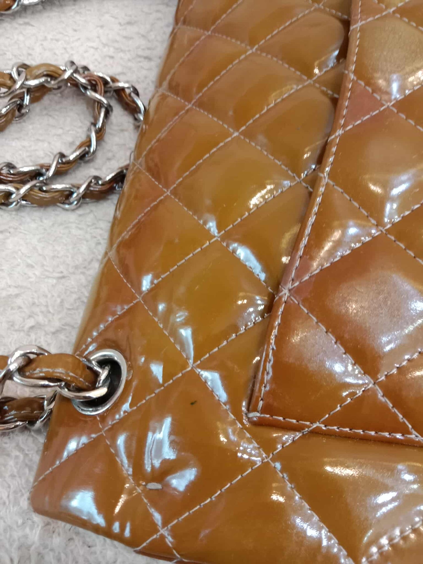 Chanel Quilted Maxi Double Flap Patent Tan Series 15
