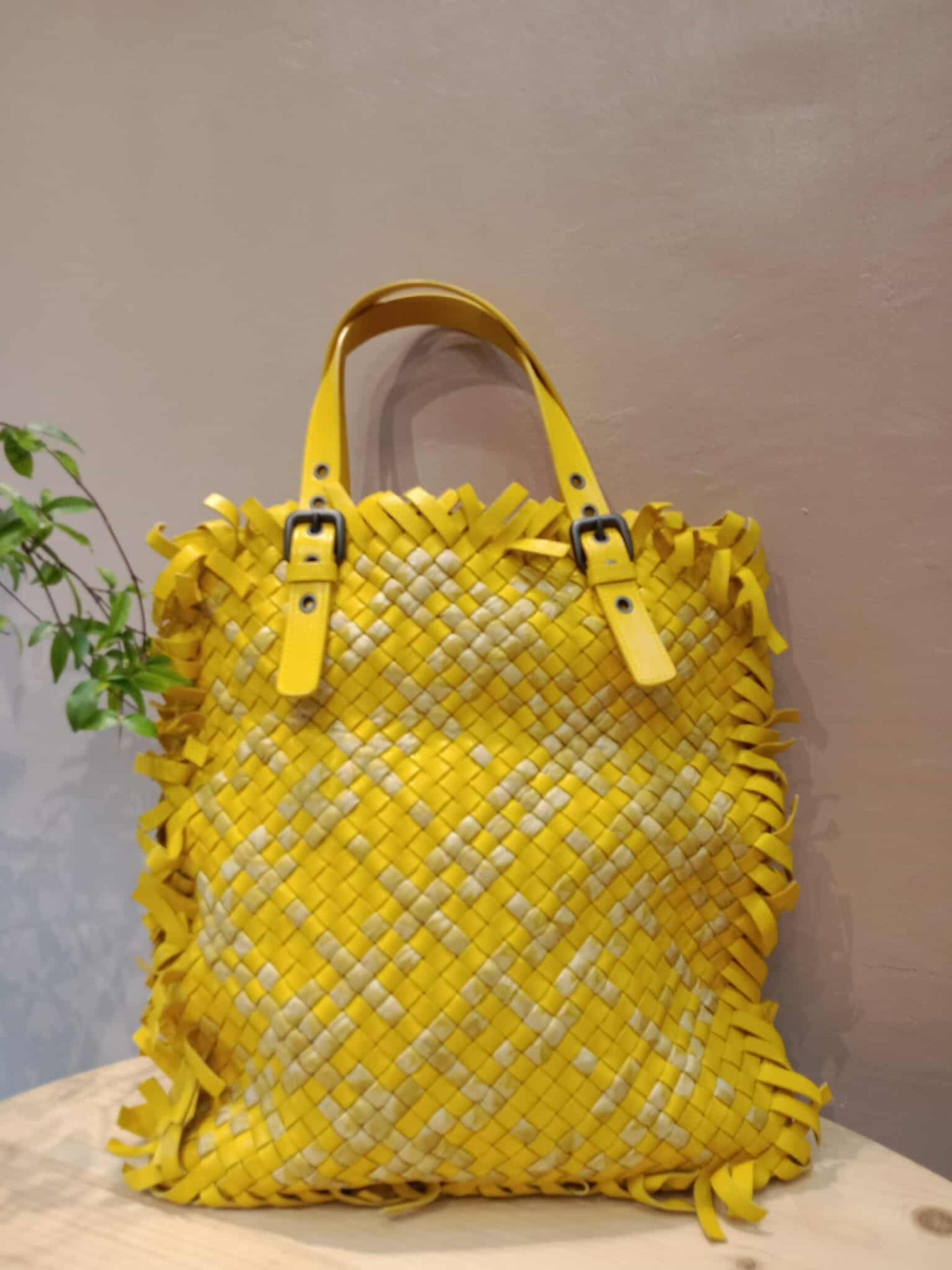 Bottega Veneta Paille Sfrangiato Aquatre Fringe Intrecciato Nappa Large Tote Yellow