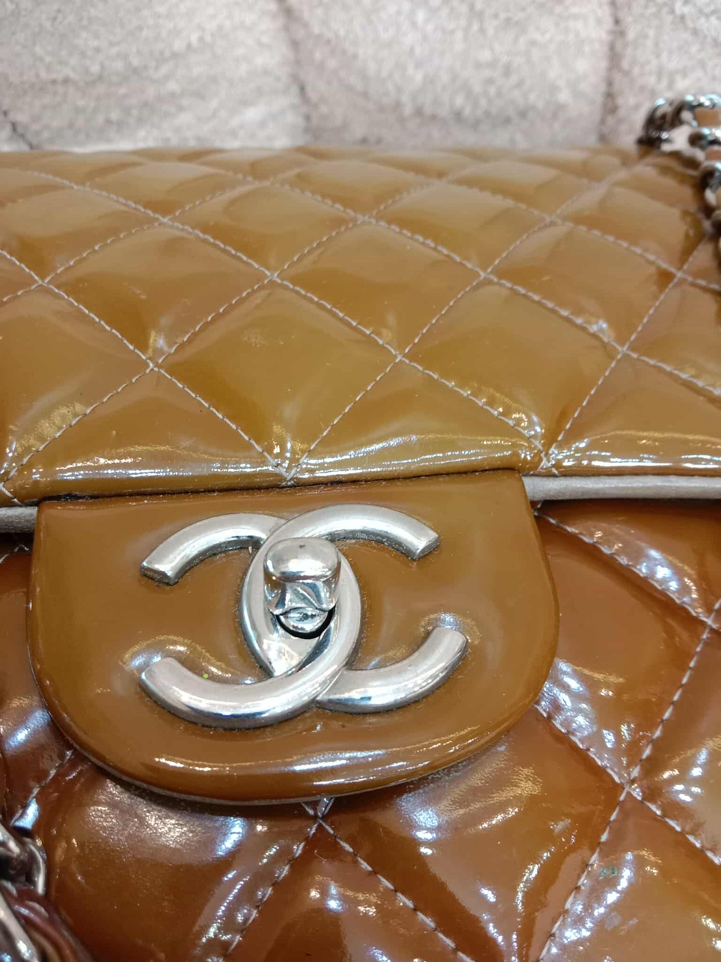 Chanel Quilted Maxi Double Flap Patent Tan Series 15