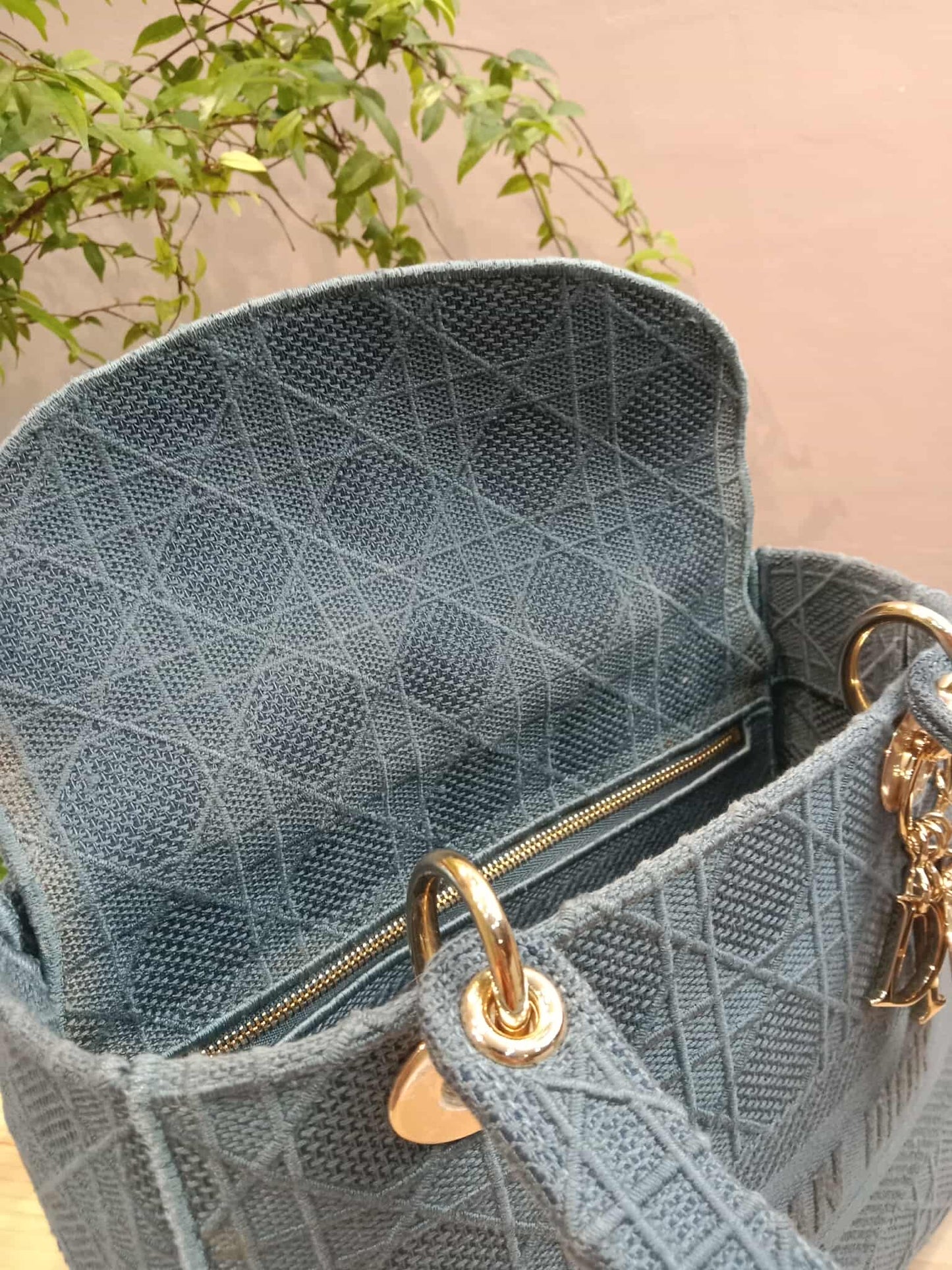 Dior Canvas Embroidered Cannage Medium Lady D-Lite Denim Blue