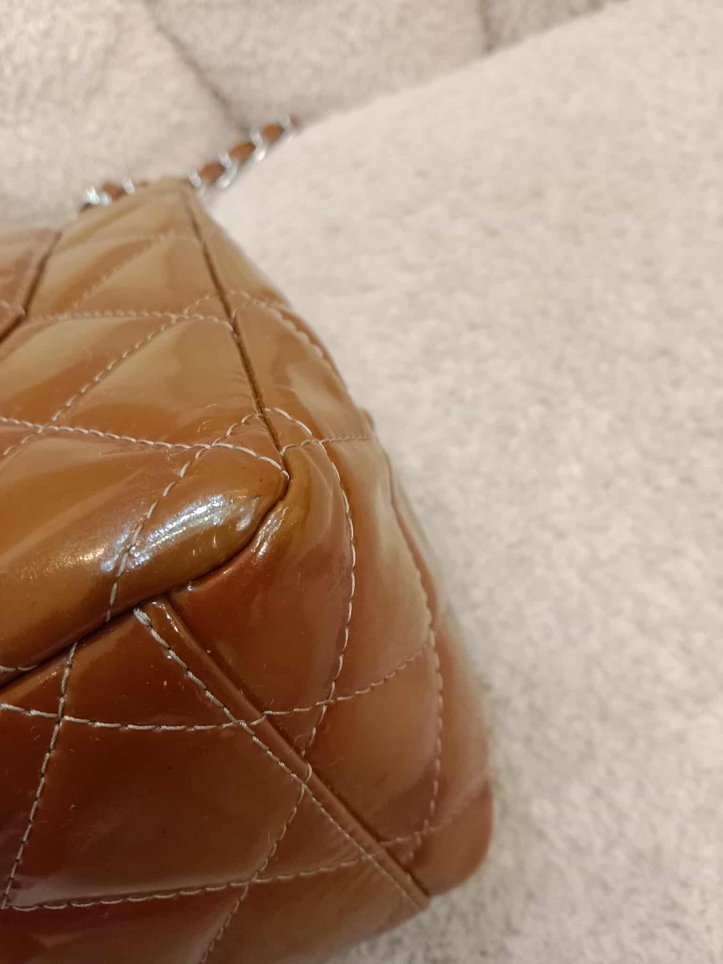 Chanel Quilted Maxi Double Flap Patent Tan Series 15