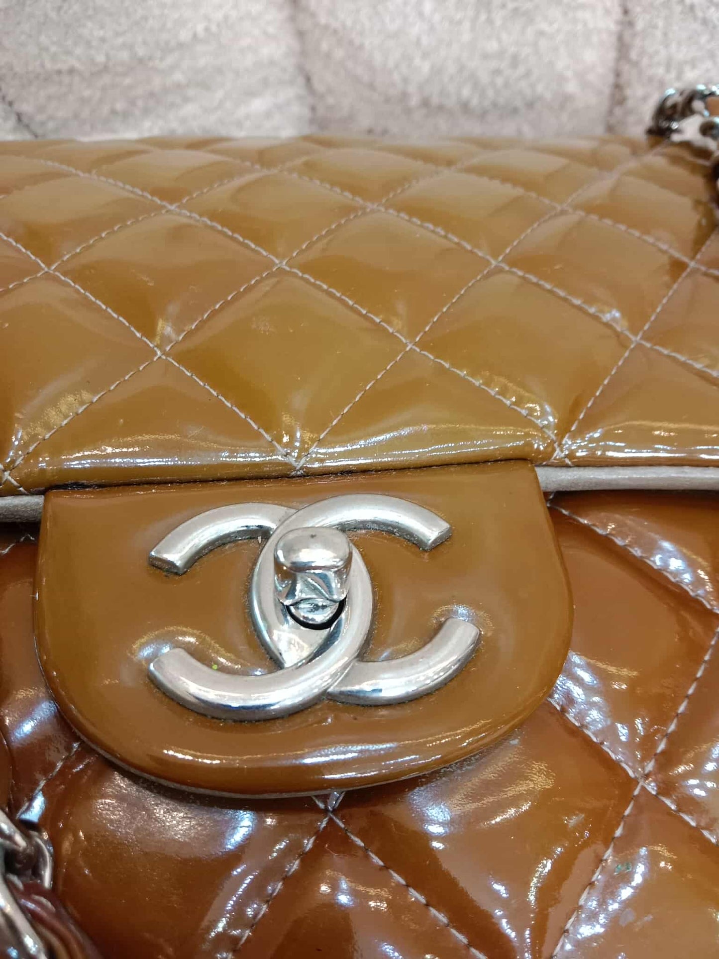 Chanel Quilted Maxi Double Flap Patent Tan Series 15