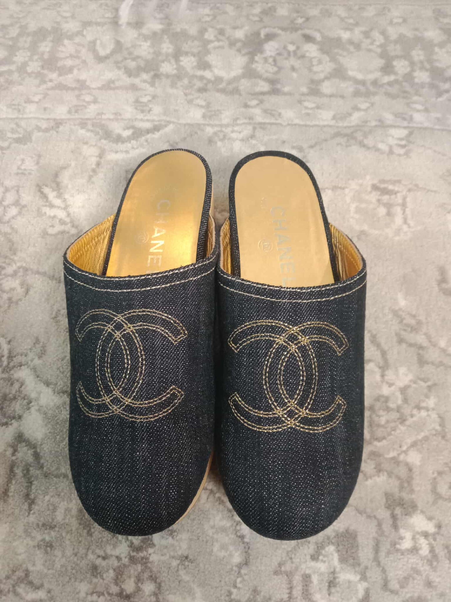 Chanel Sabot Coco Mark Denim Vintage Sandals Size 36