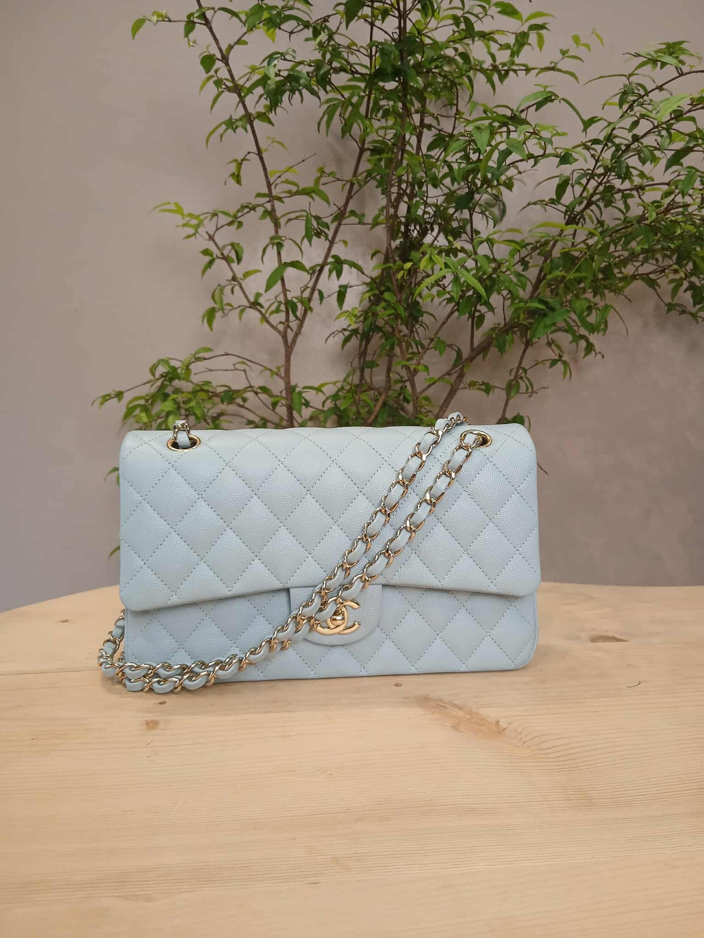 Chanel Quilted Double Flap Powder Blue Medium Caviar Microchipped