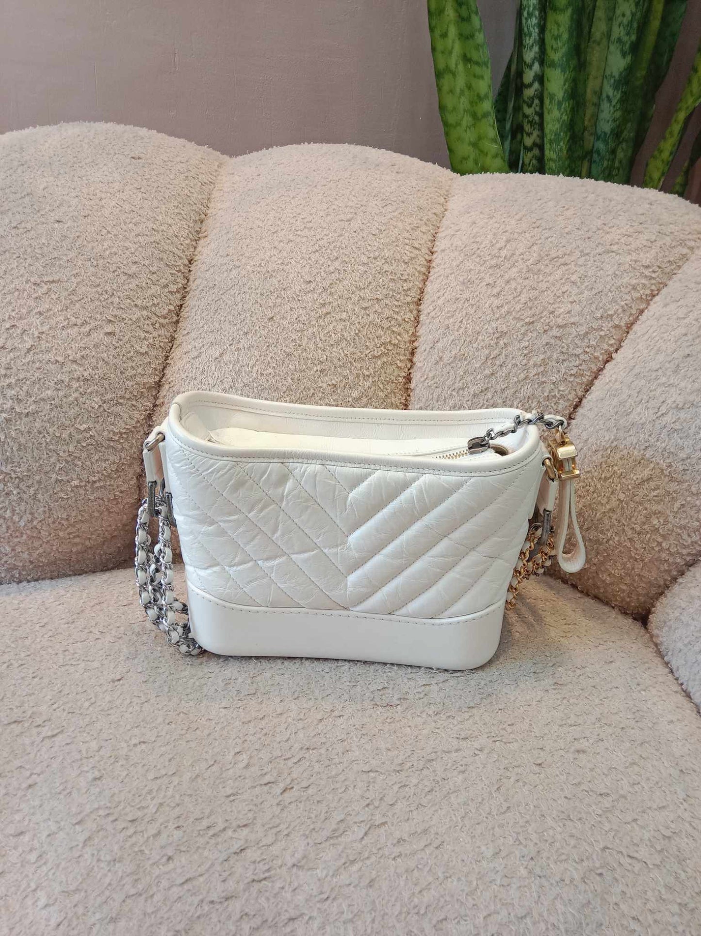 Chanel White Small Chevron Gabrielle Hobo Aged Calfskin Series 29