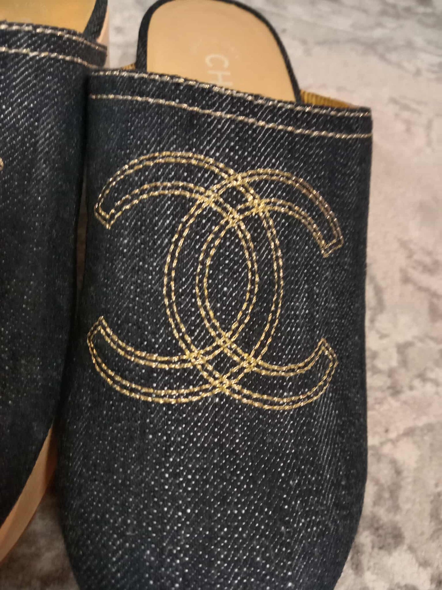 Chanel Sabot Coco Mark Denim Vintage Sandals Size 36