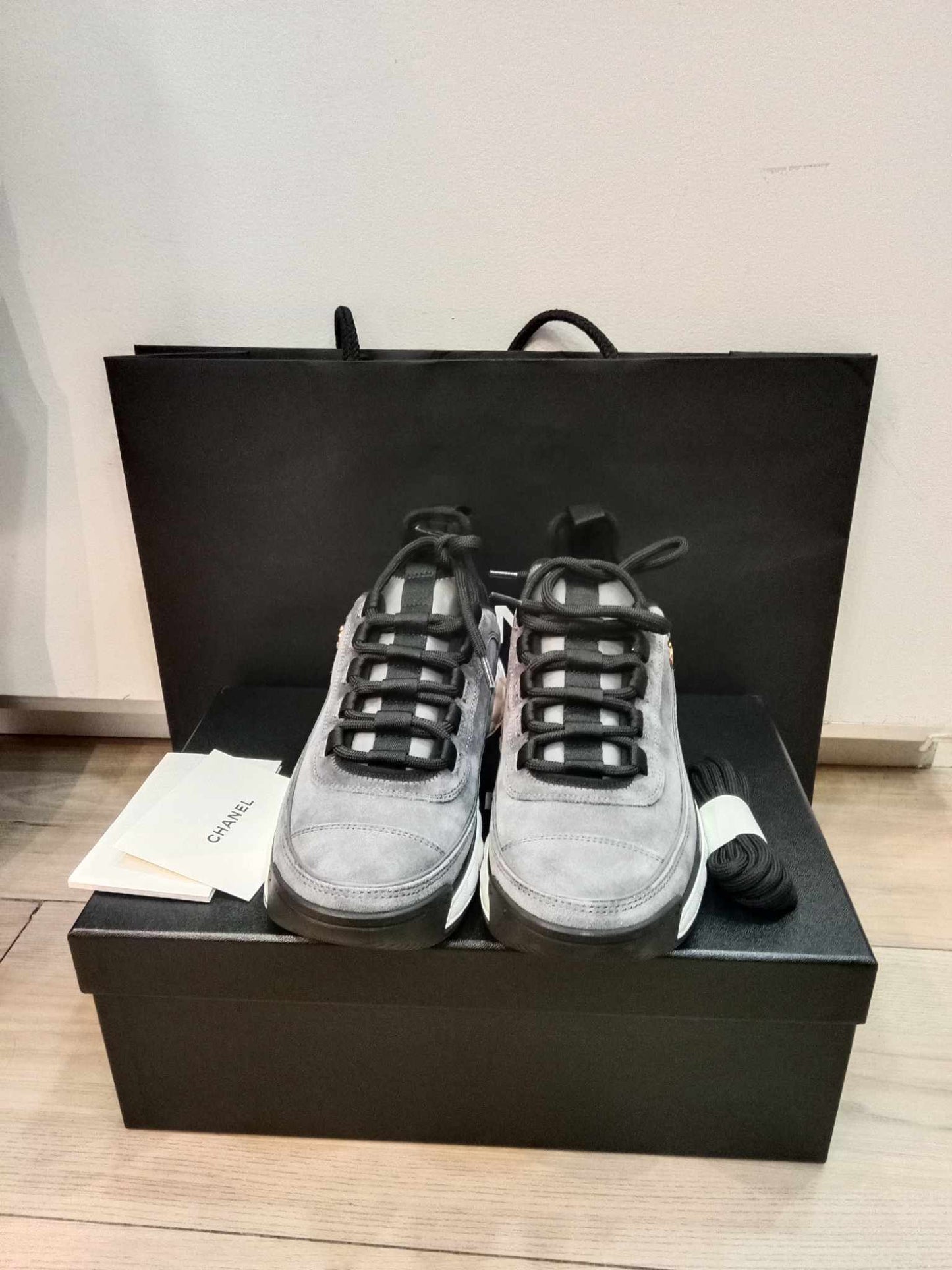 Chanel Suede Calfskin Grosgrain CC Sneakers Size 37