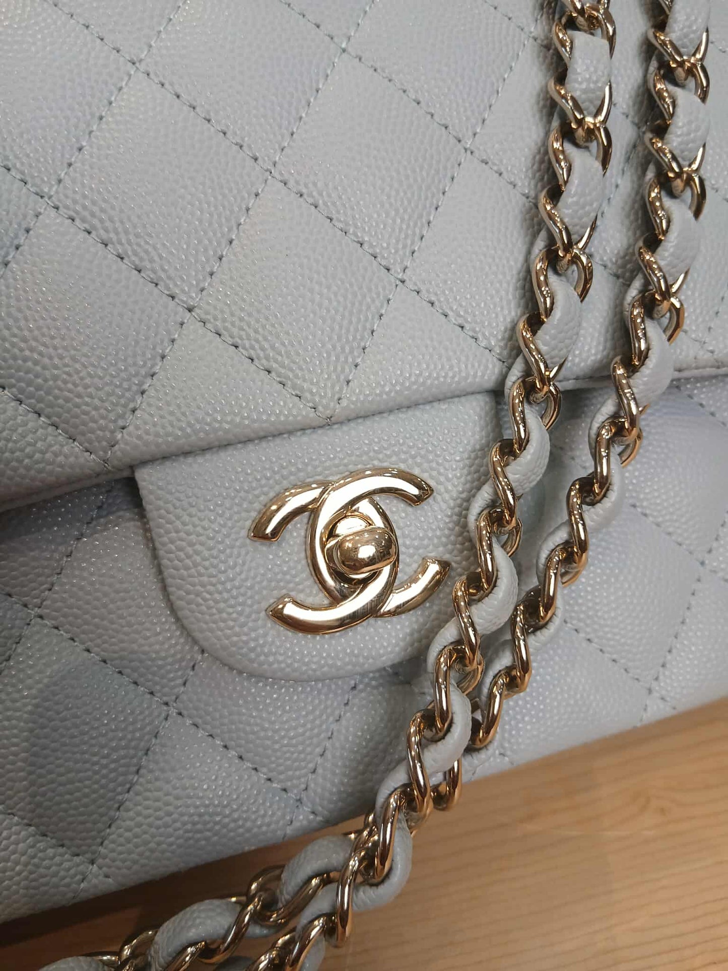 Chanel Quilted Double Flap Powder Blue Medium Caviar Microchipped